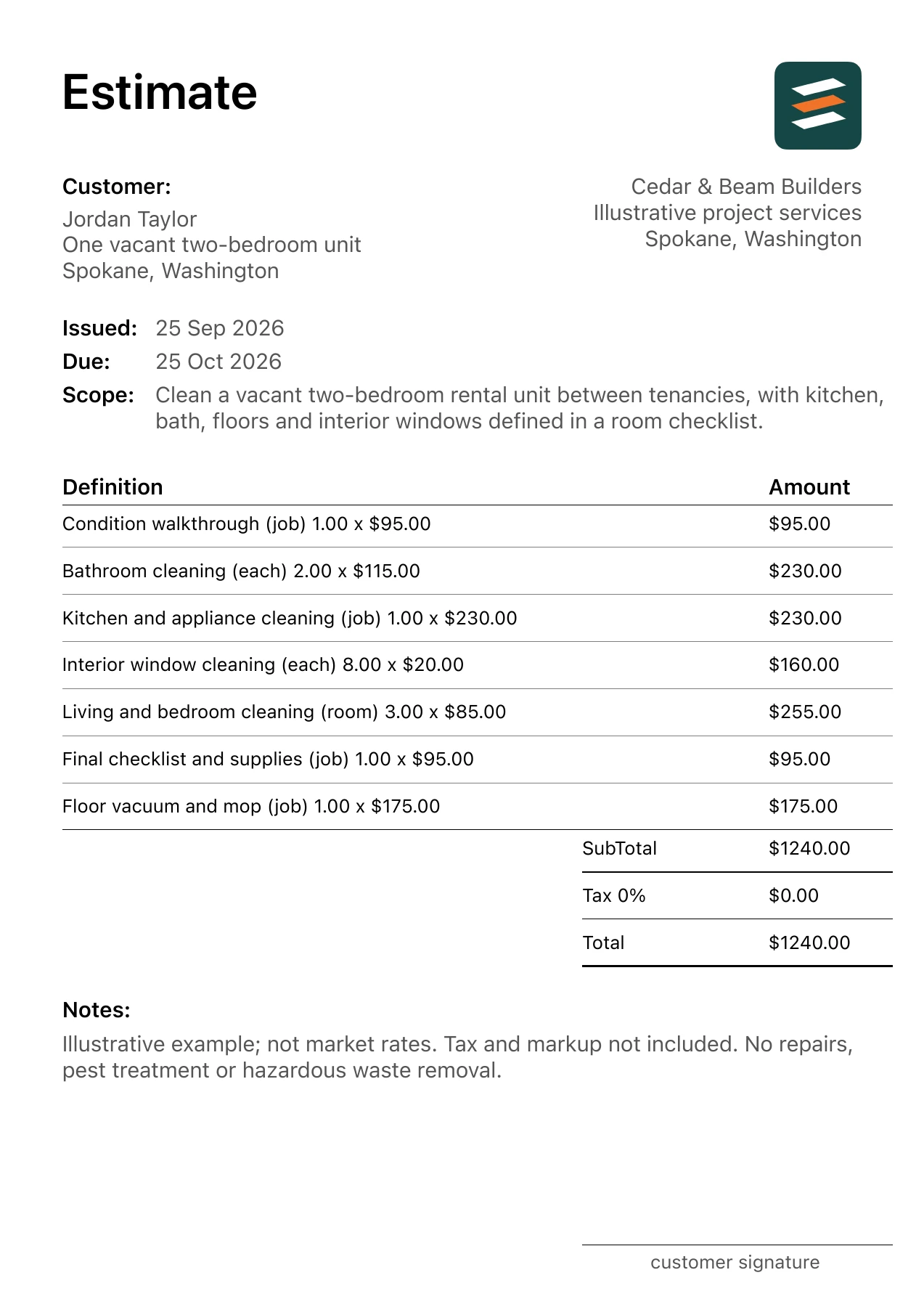 First page of the fictional rental property turnover cleaning estimate PDF