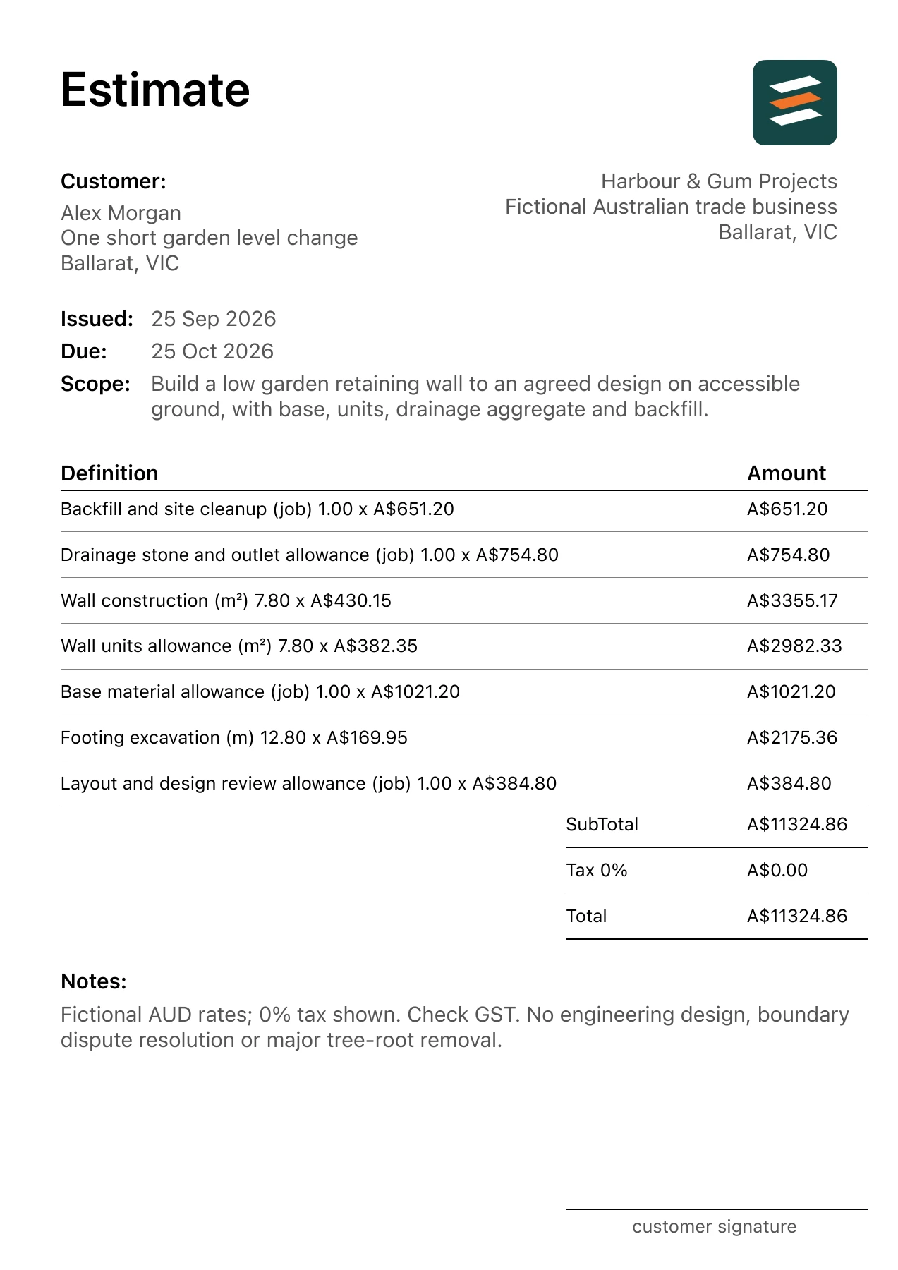 First page of the fictional Ballarat, Victoria low garden retaining wall installation estimate PDF