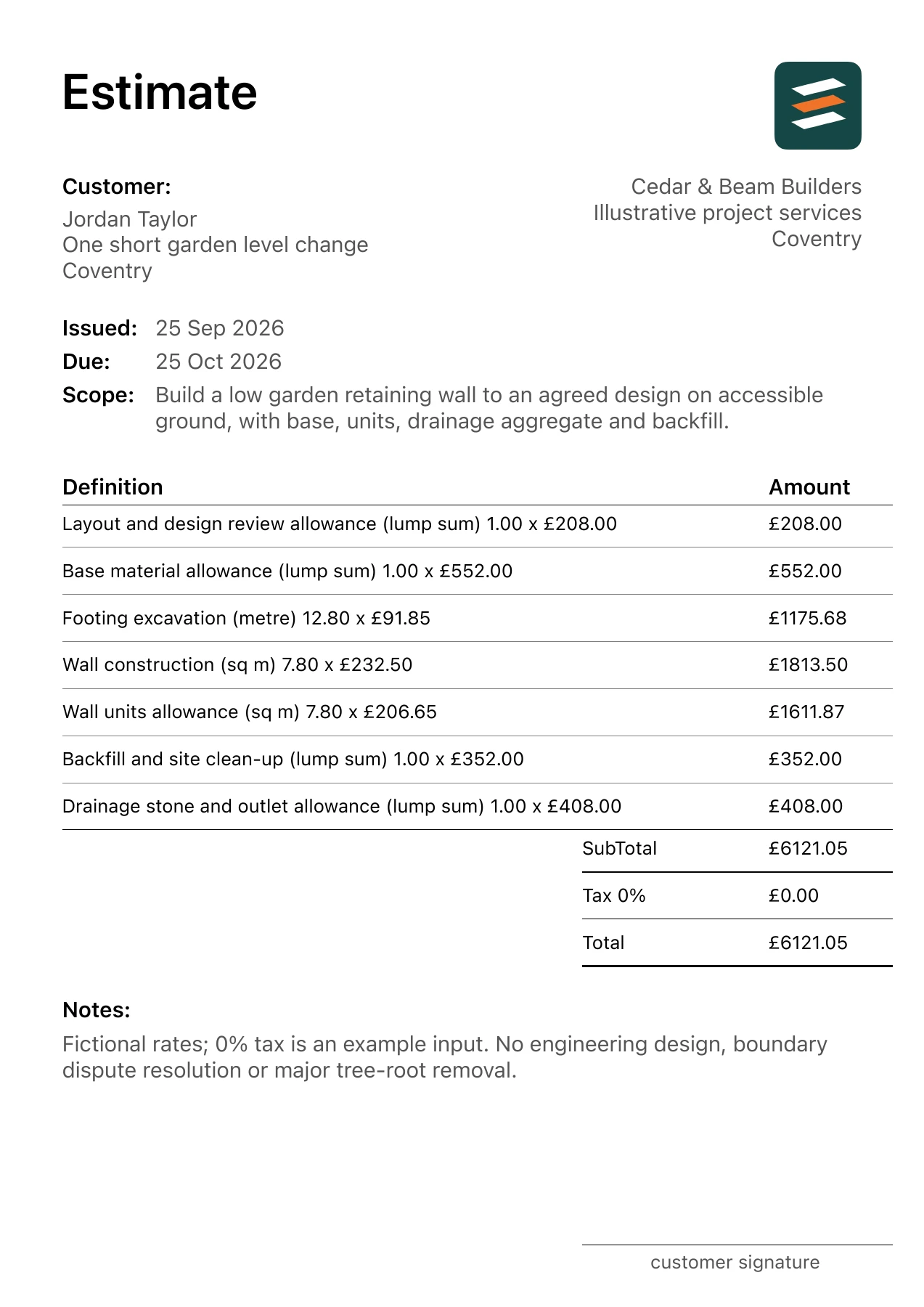 First page of the fictional low garden retaining wall installation estimate PDF