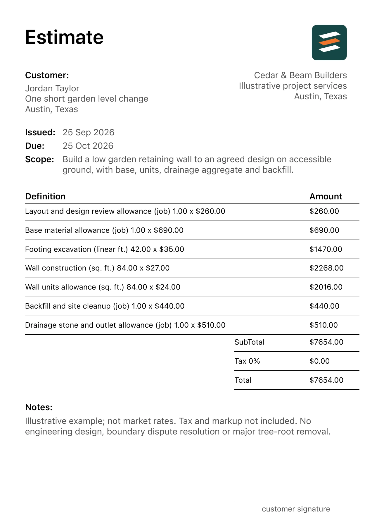 First page of the fictional low garden retaining wall installation estimate PDF