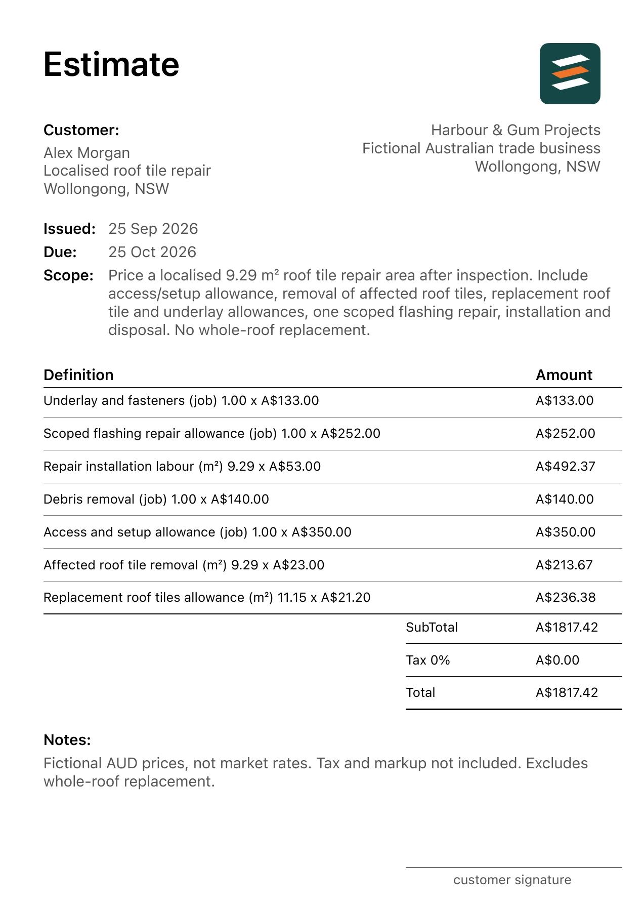 First page of the roof repair estimate PDF