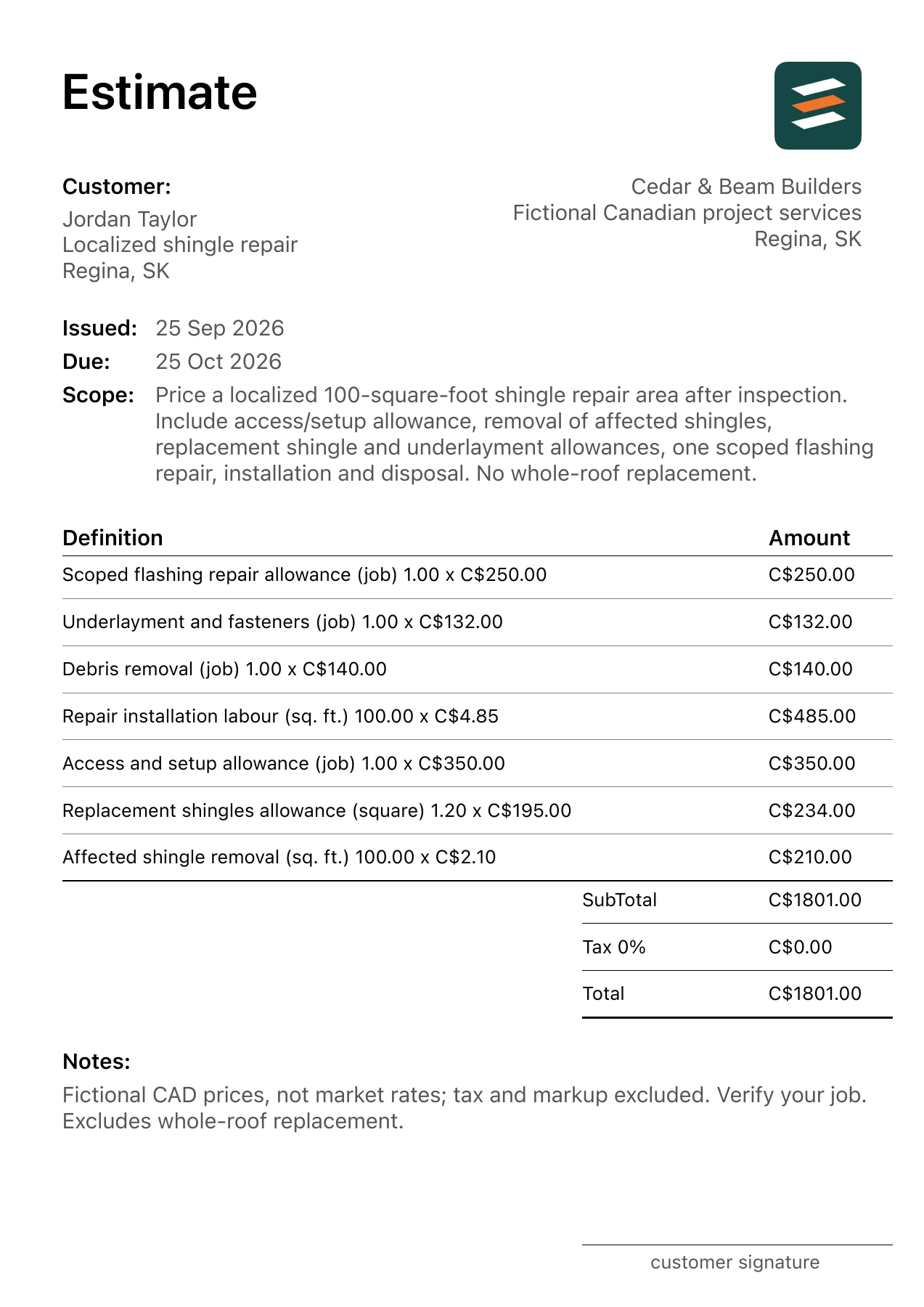 First page of the Regina, Saskatchewan roof repair estimate in Canadian dollars