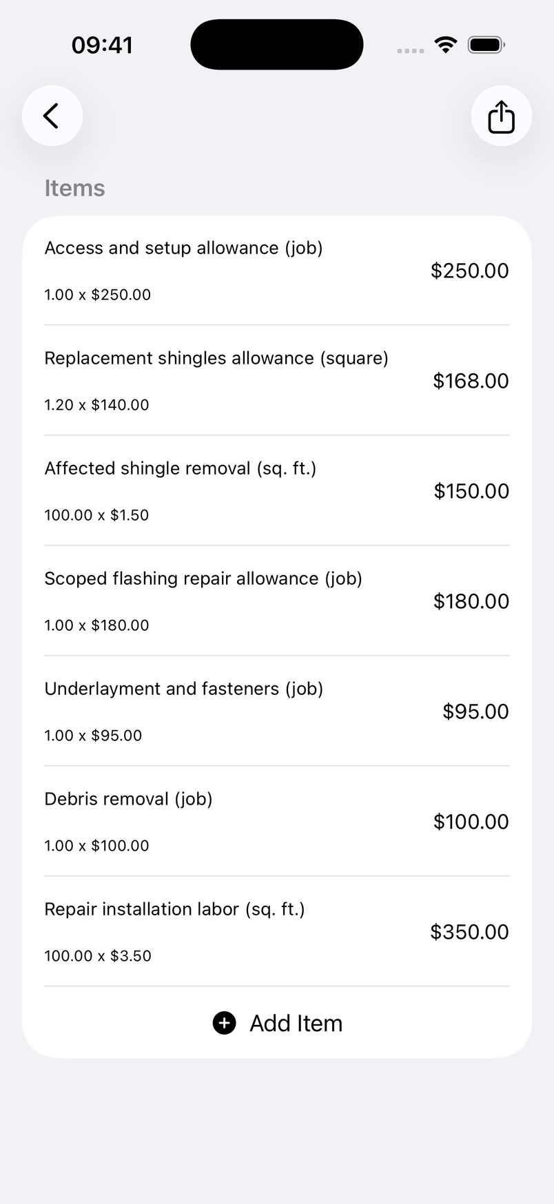 Roof repair line items in the Estimates cost editor