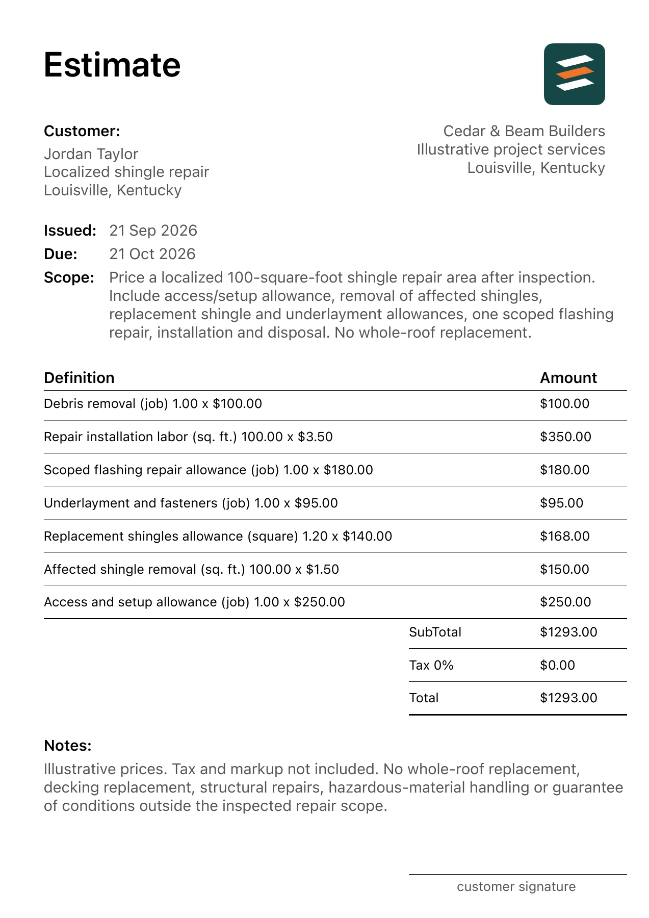 First page of the roof repair estimate PDF