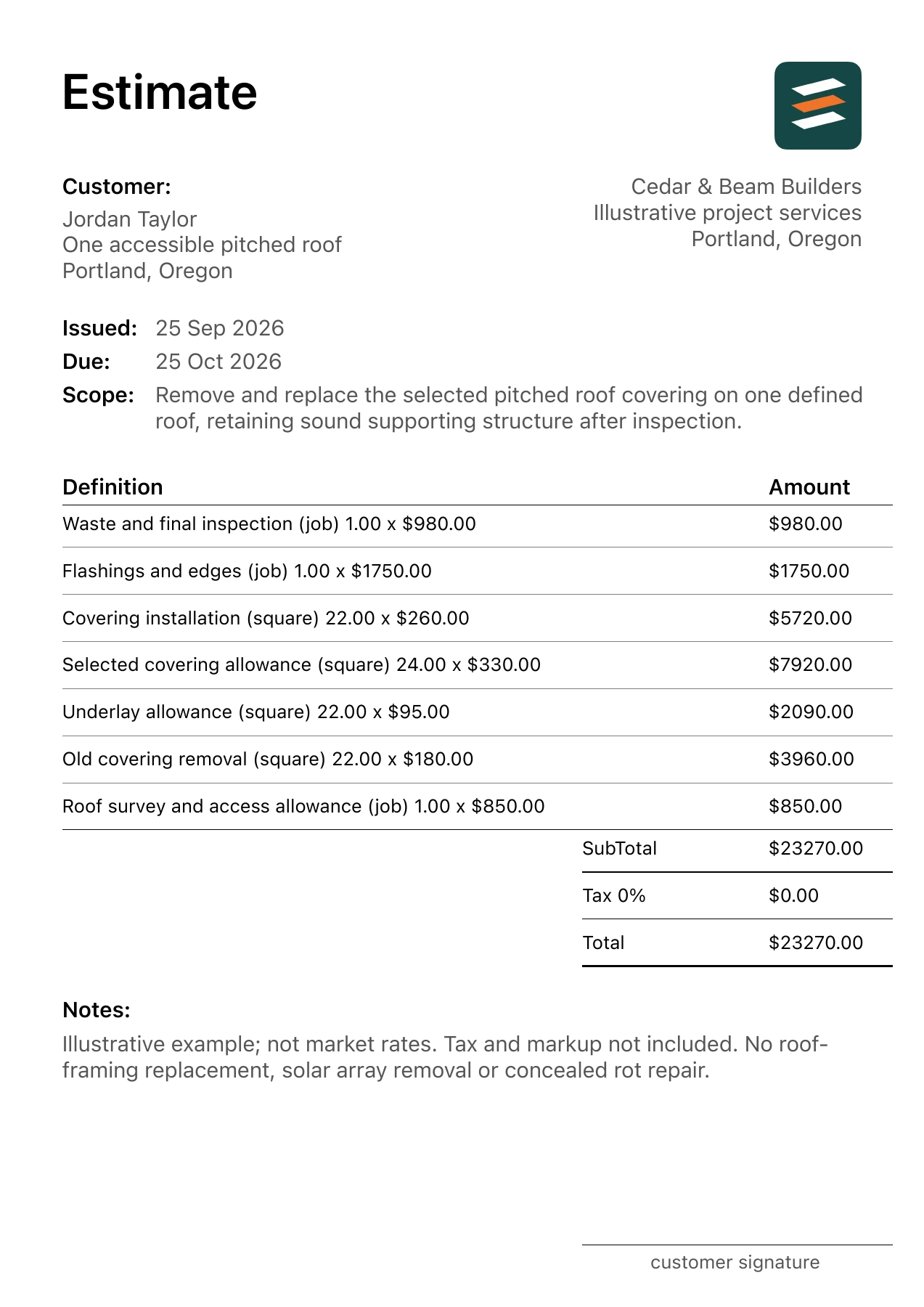 First page of the fictional whole roof covering replacement estimate PDF