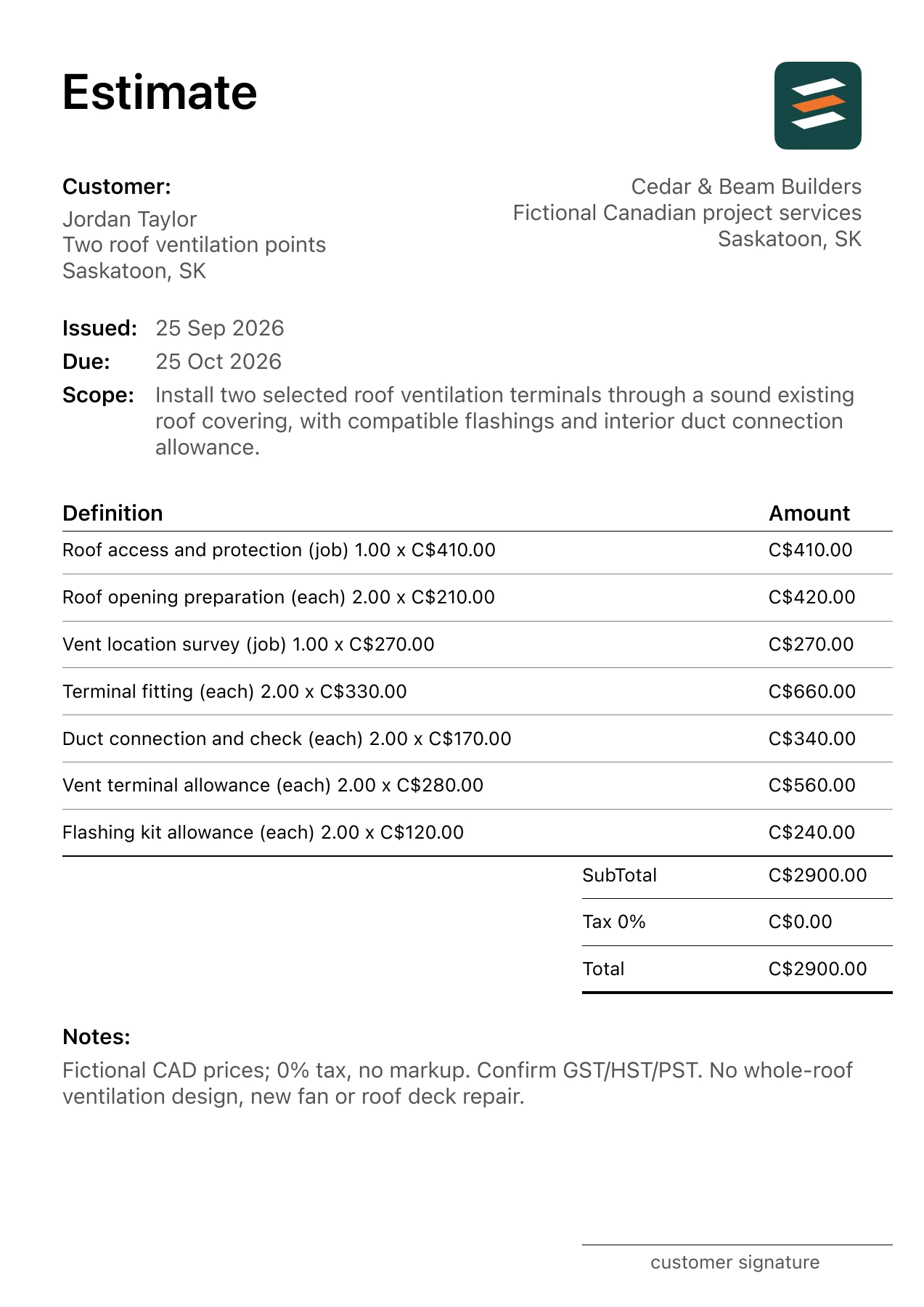 First page of the fictional Saskatoon, Saskatchewan pitched roof vent installation PDF estimate