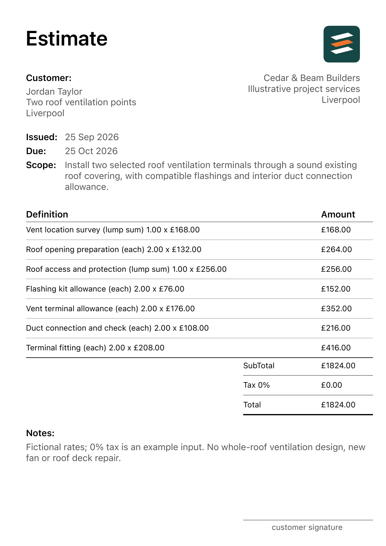 First page of the fictional pitched roof vent installation estimate PDF