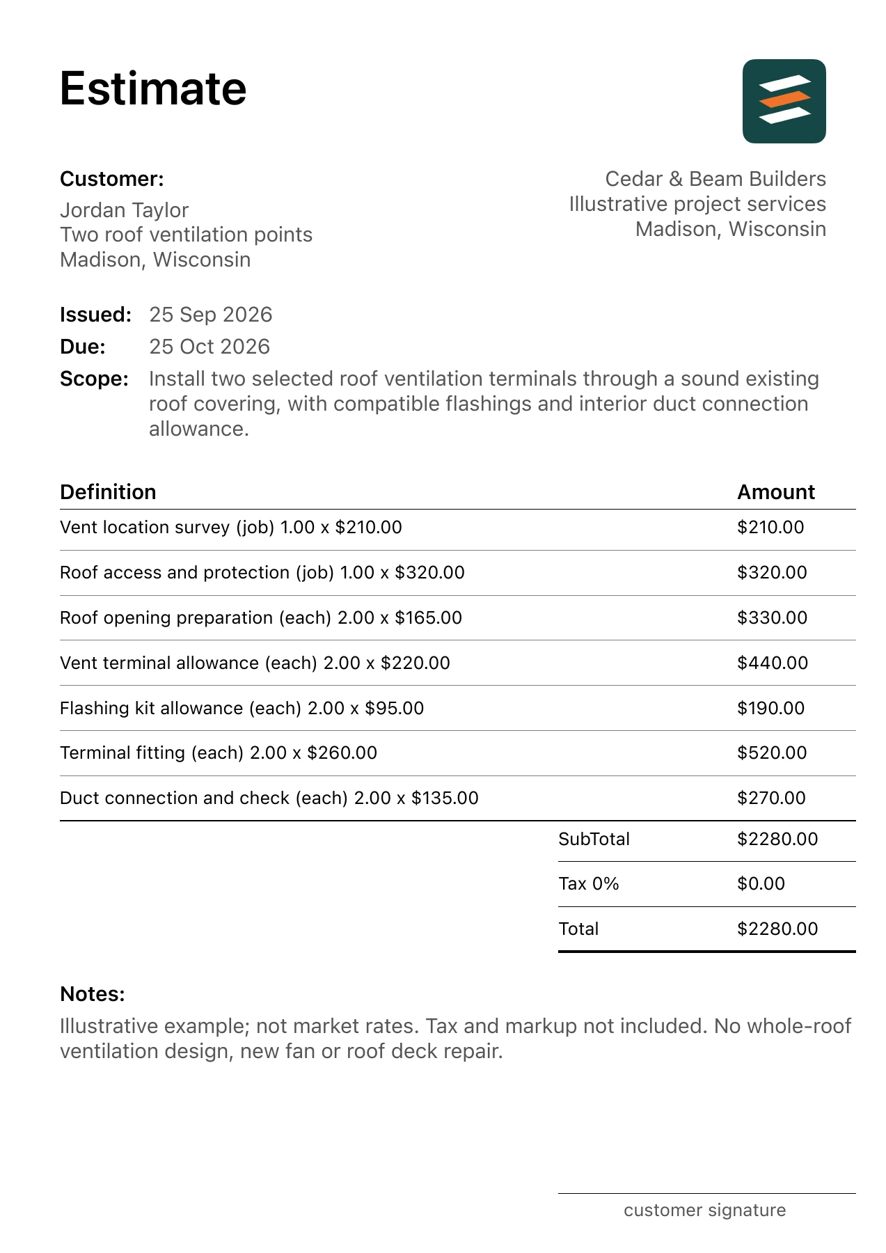First page of the fictional pitched roof vent installation estimate PDF