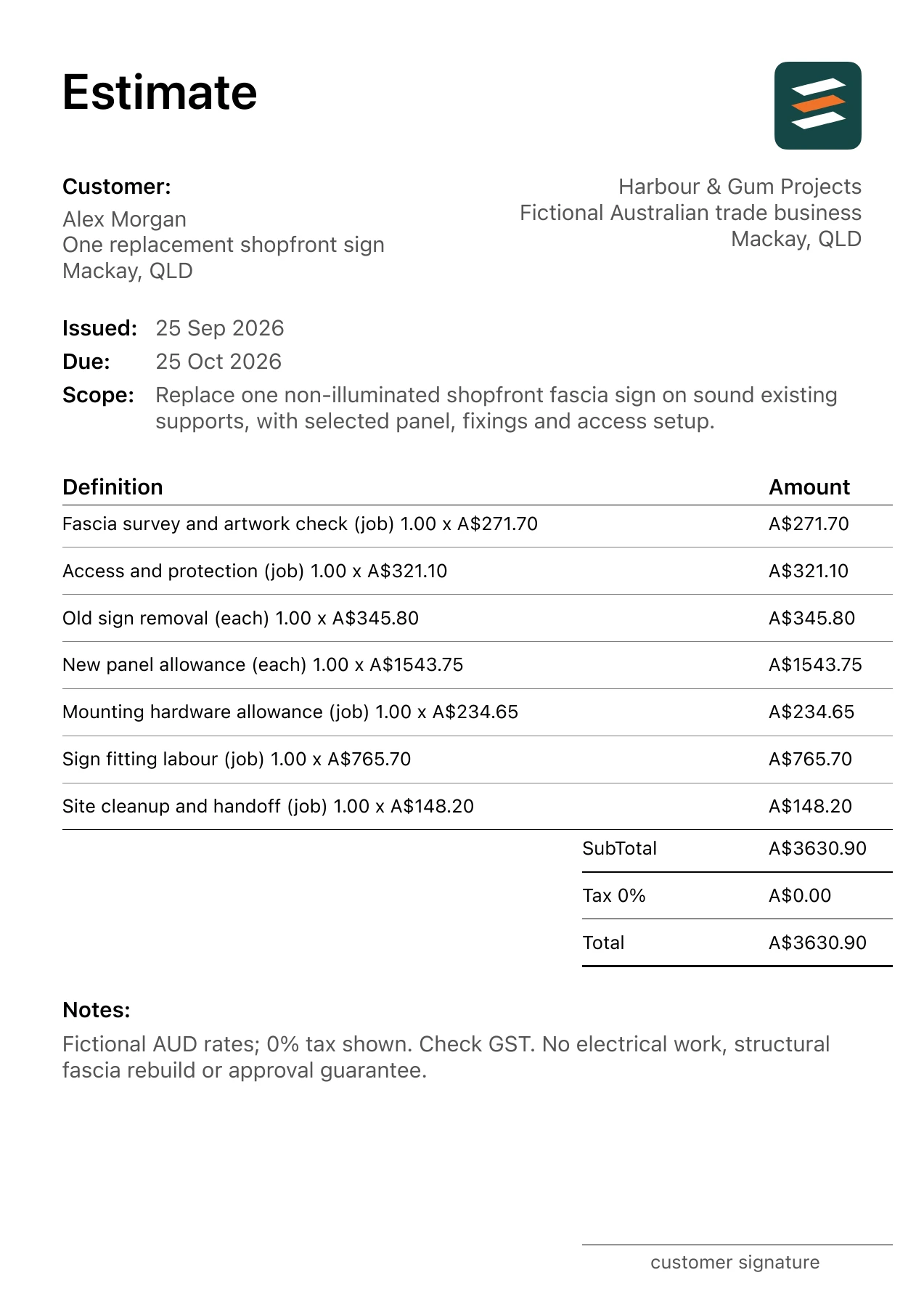 First page of the fictional Mackay, Queensland shopfront fascia sign installation estimate PDF