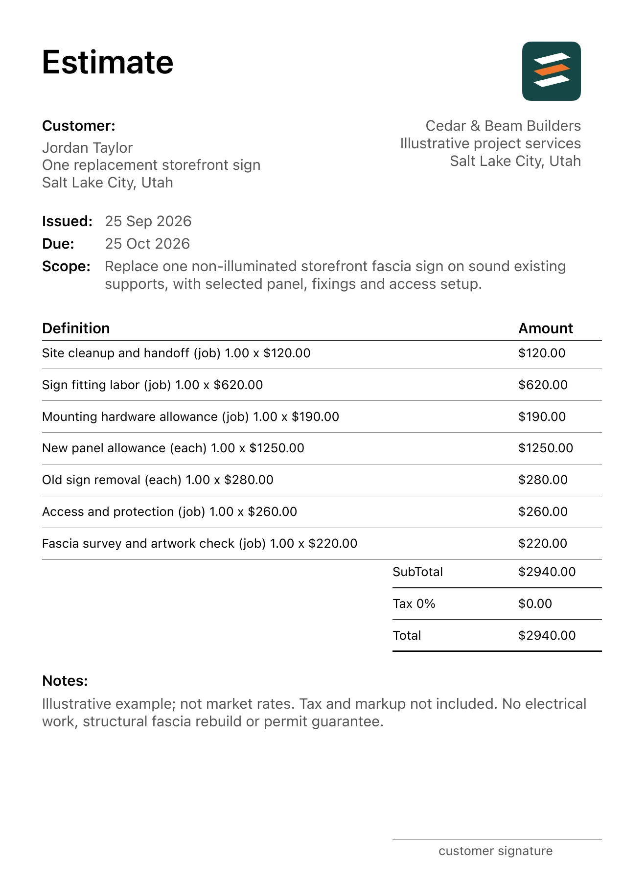 First page of the fictional storefront fascia sign installation estimate PDF