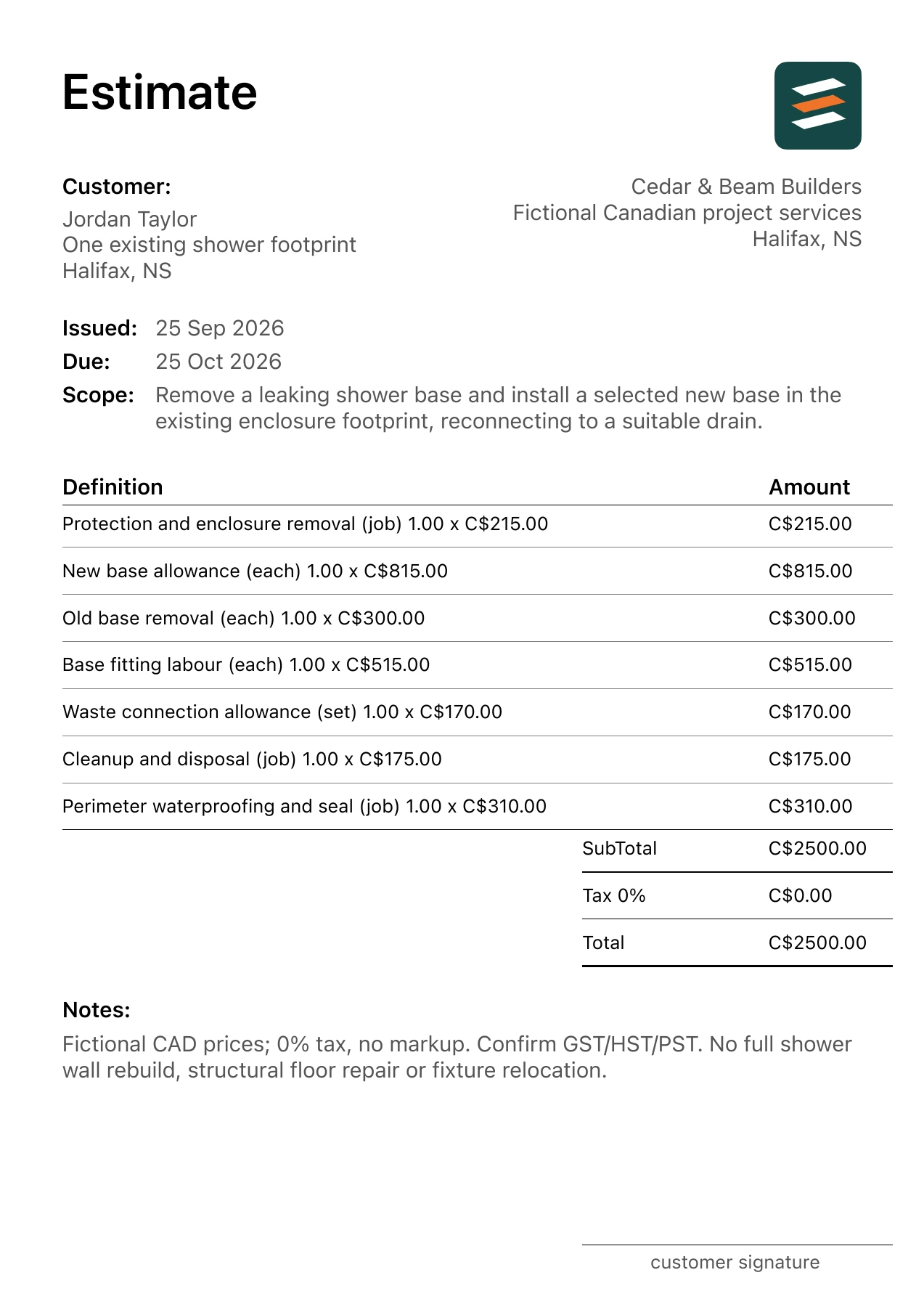 First page of the fictional Halifax, Nova Scotia shower base replacement PDF estimate