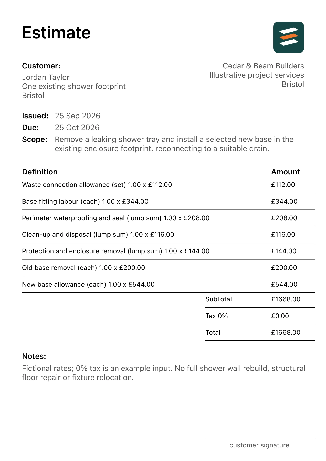 First page of the fictional shower tray replacement estimate PDF