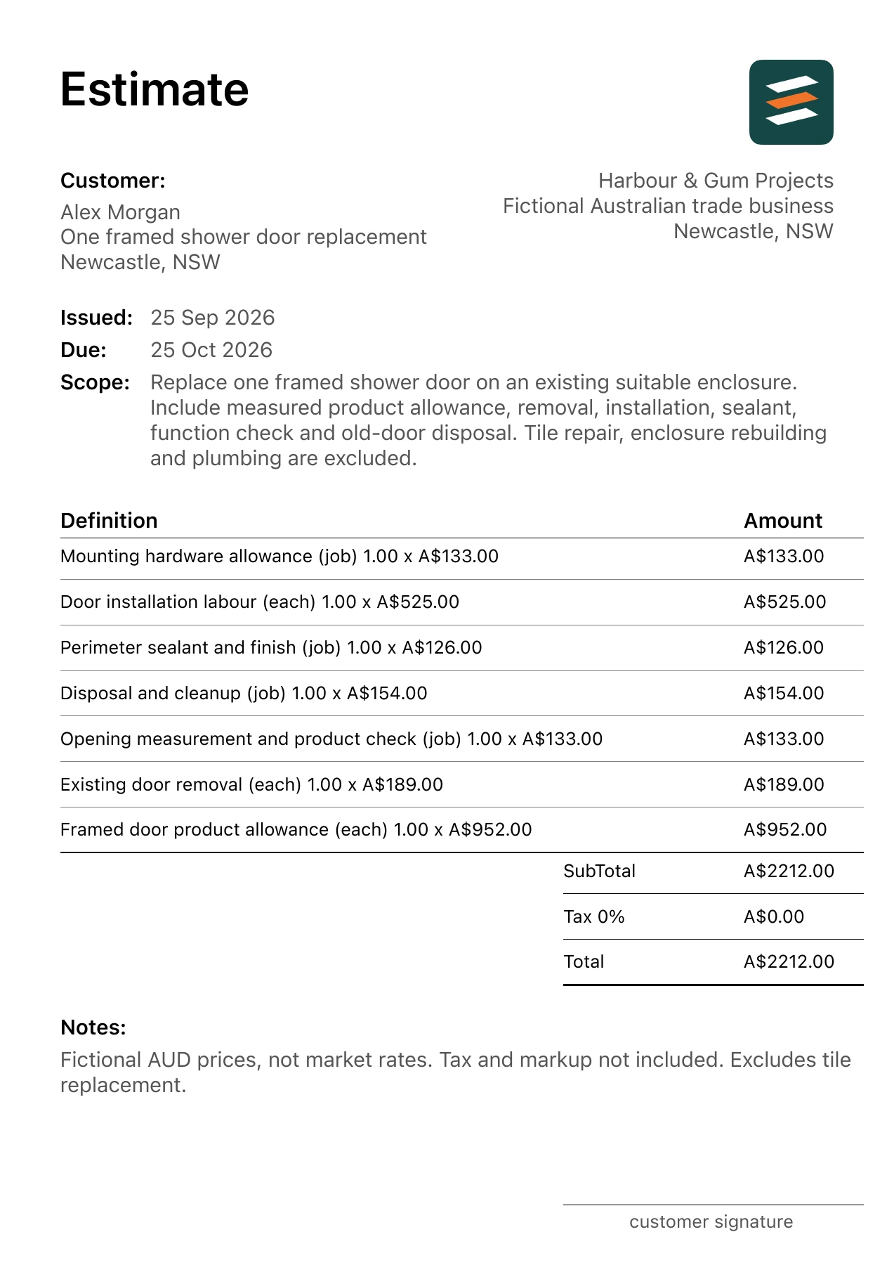 First page of the shower door installation estimate PDF