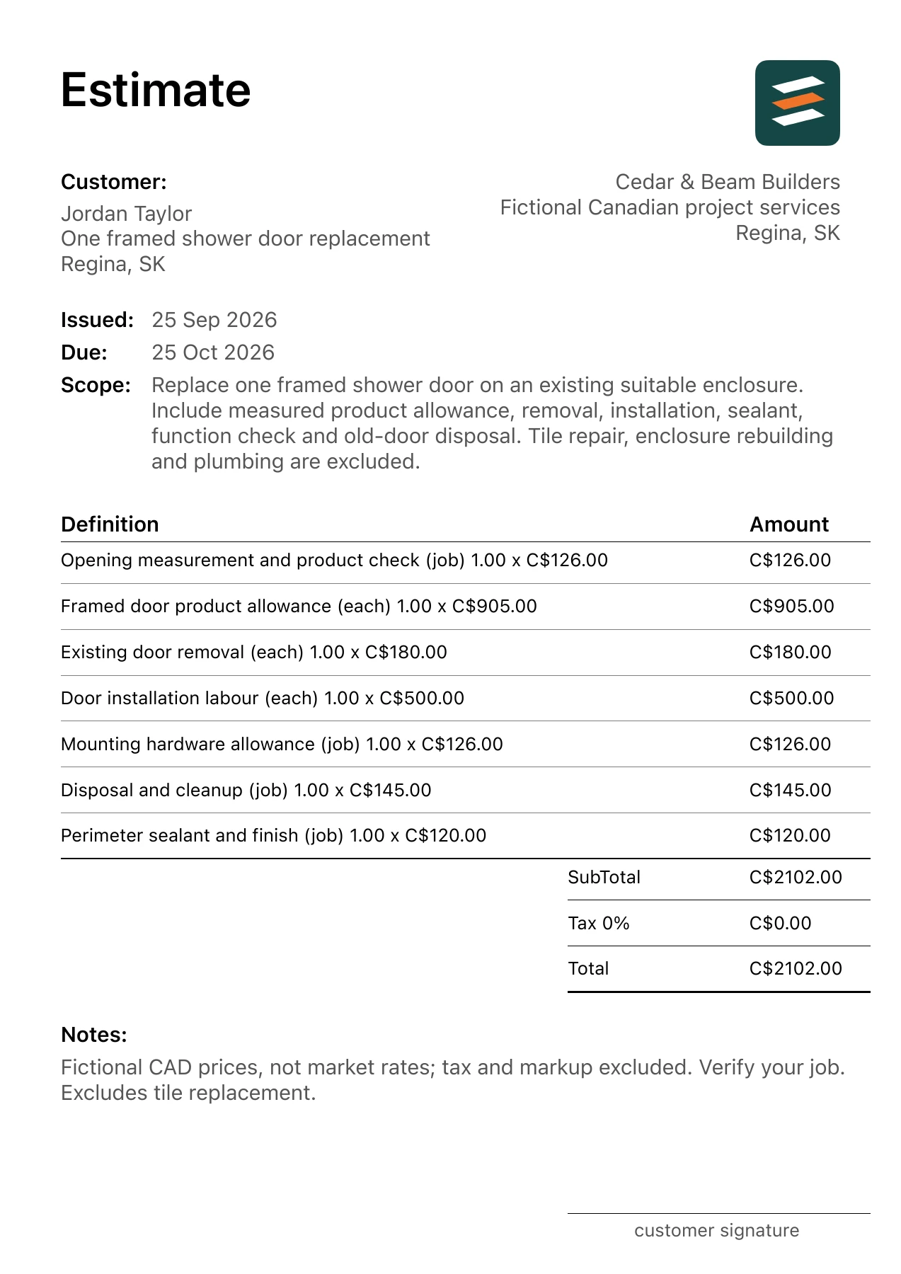 First page of the Regina, Saskatchewan shower door installation estimate in Canadian dollars