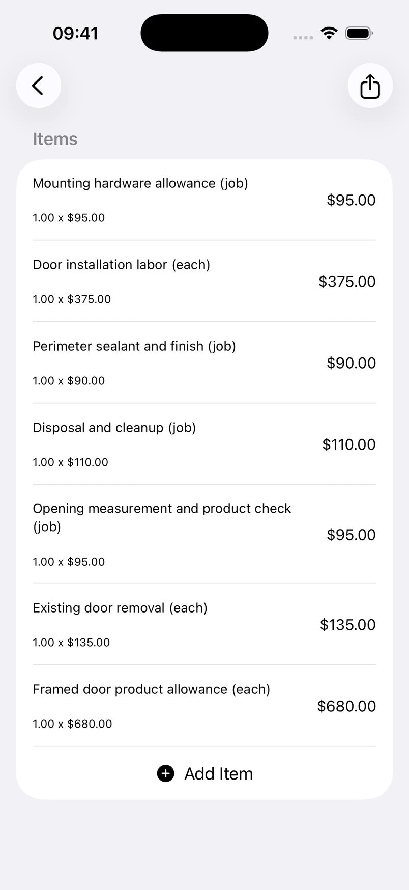 Shower door installation line items in the Estimates cost editor