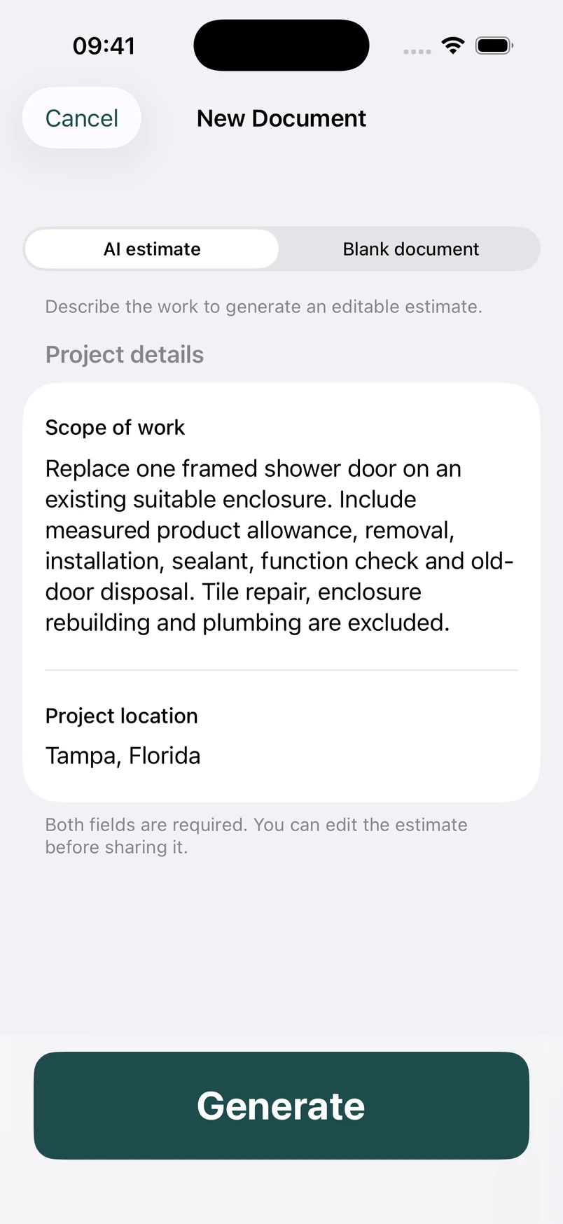 Shower door installation scope in the New Document screen