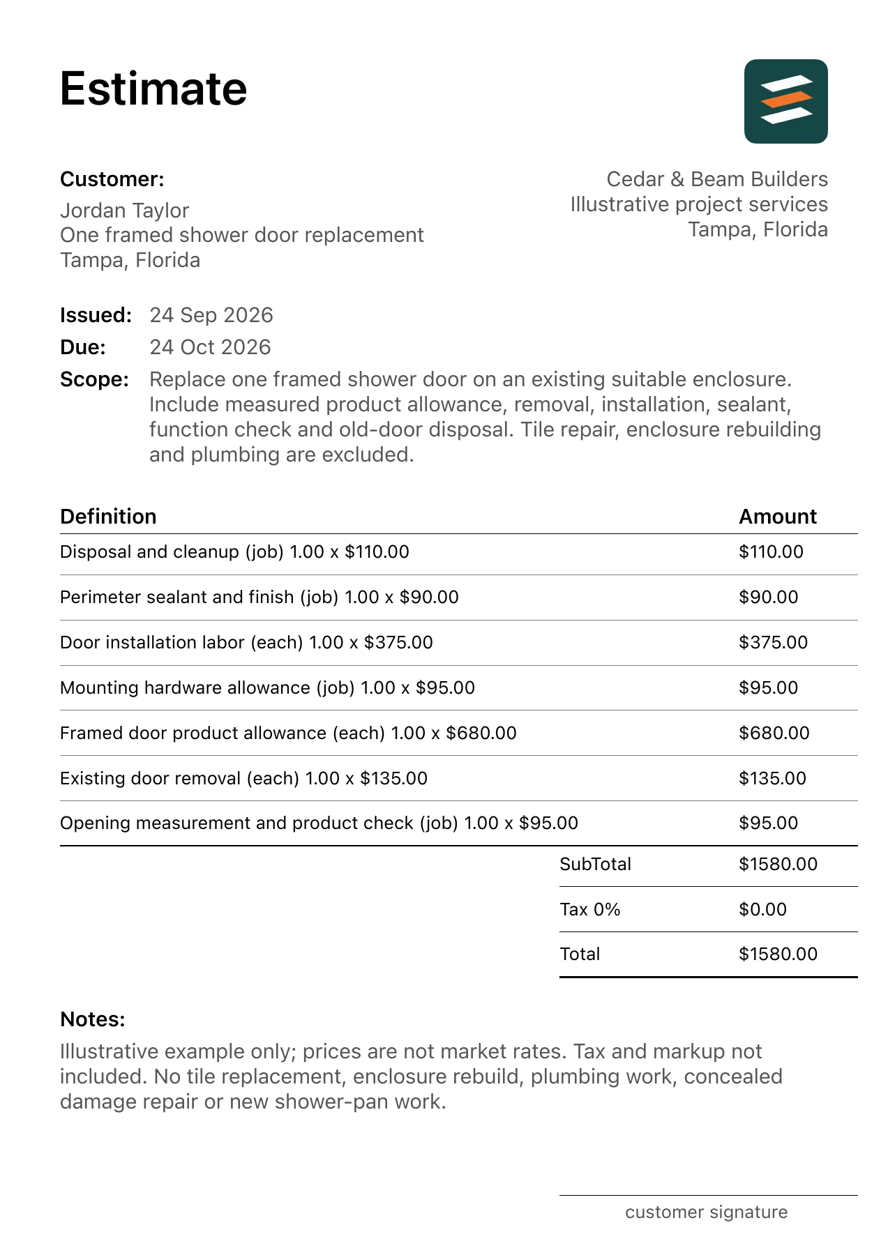 First page of the shower door installation estimate PDF