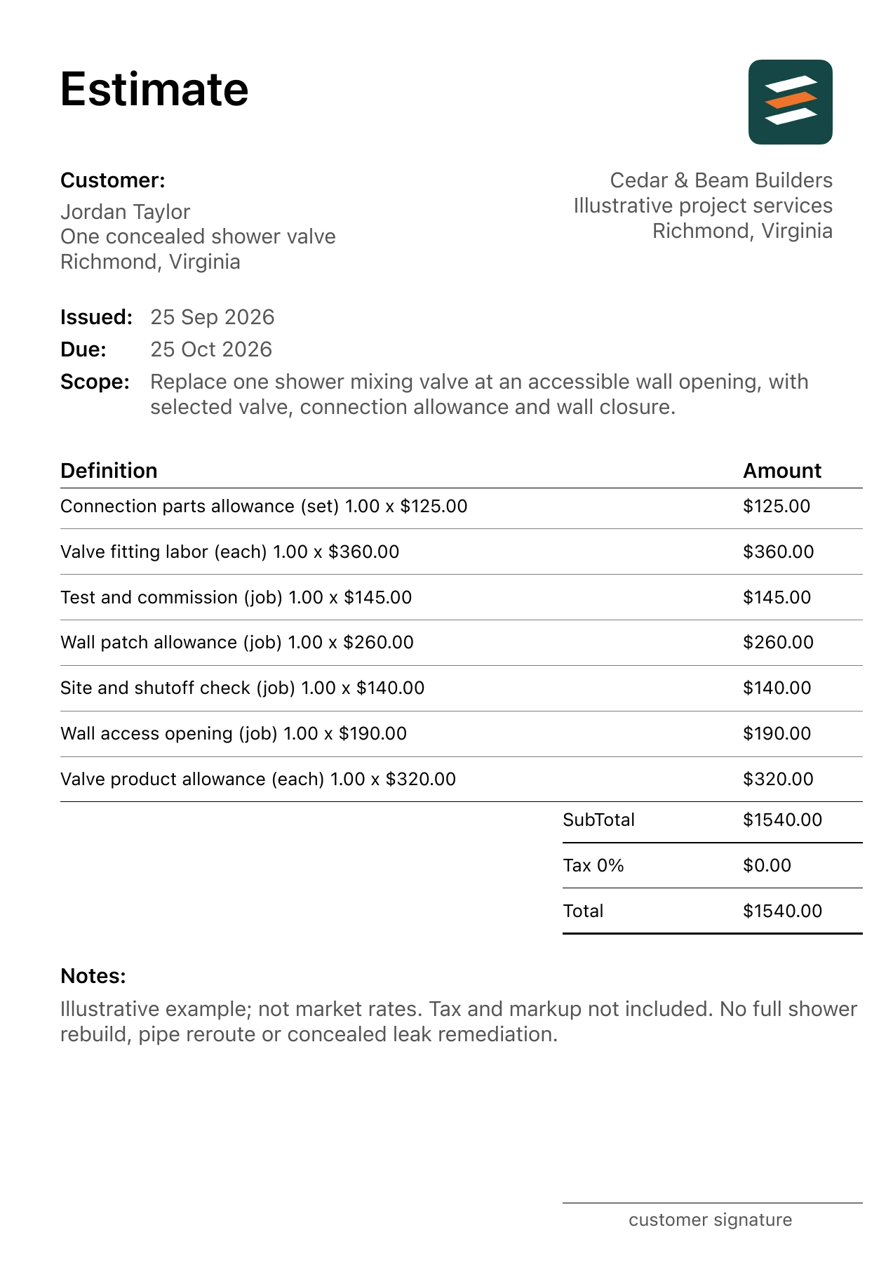 First page of the fictional shower valve replacement estimate PDF