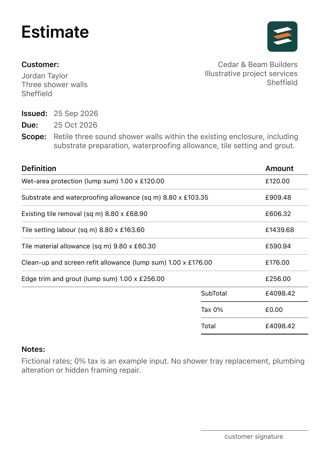 First page of the fictional shower wall tiling estimate PDF