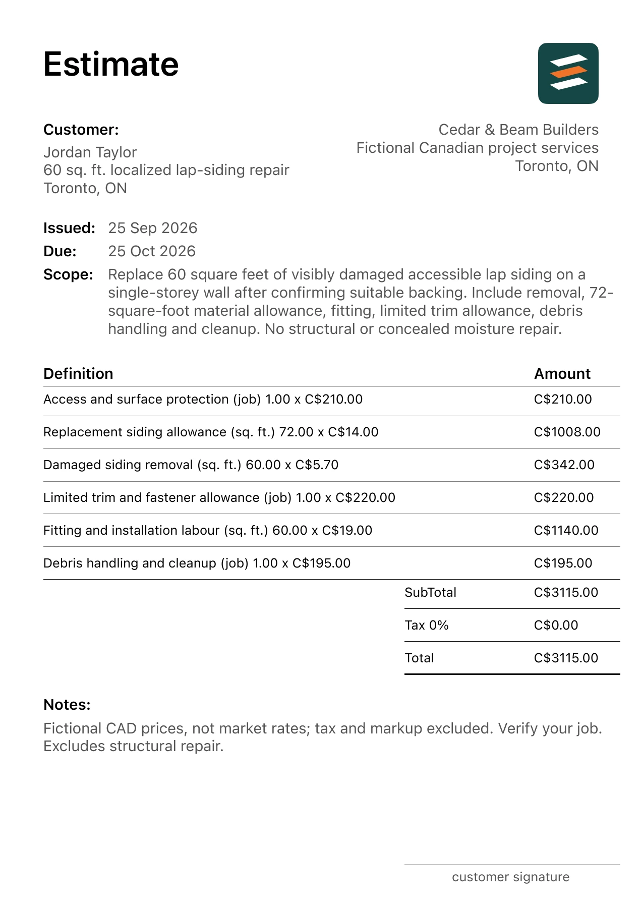 First page of the Toronto, Ontario exterior siding repair estimate in Canadian dollars