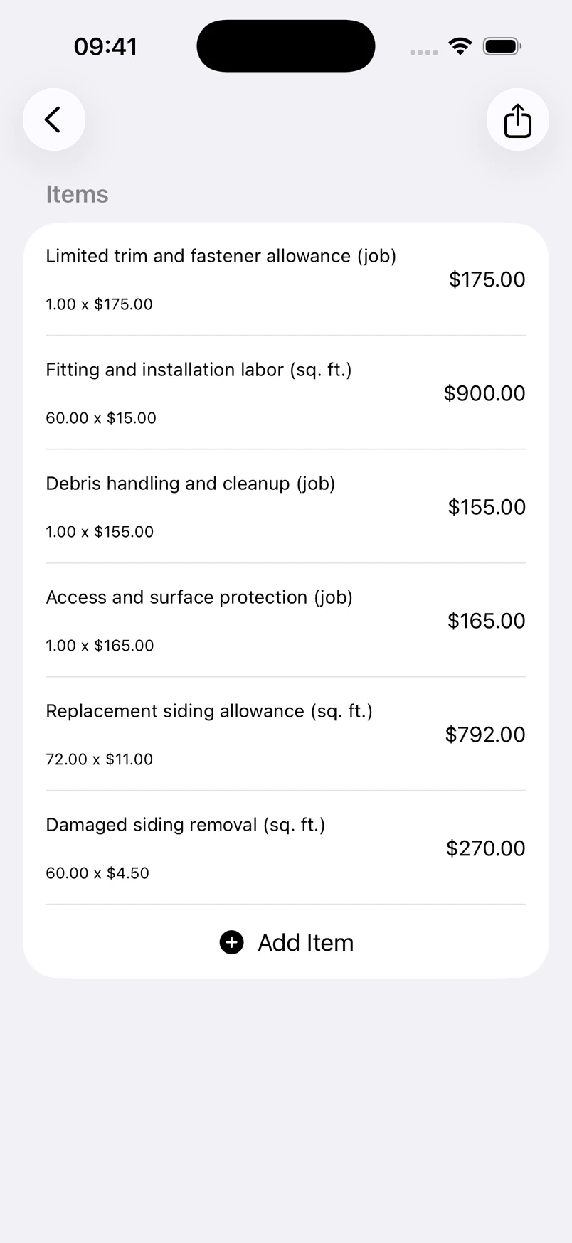 Exterior siding repair line items in the Estimates cost editor