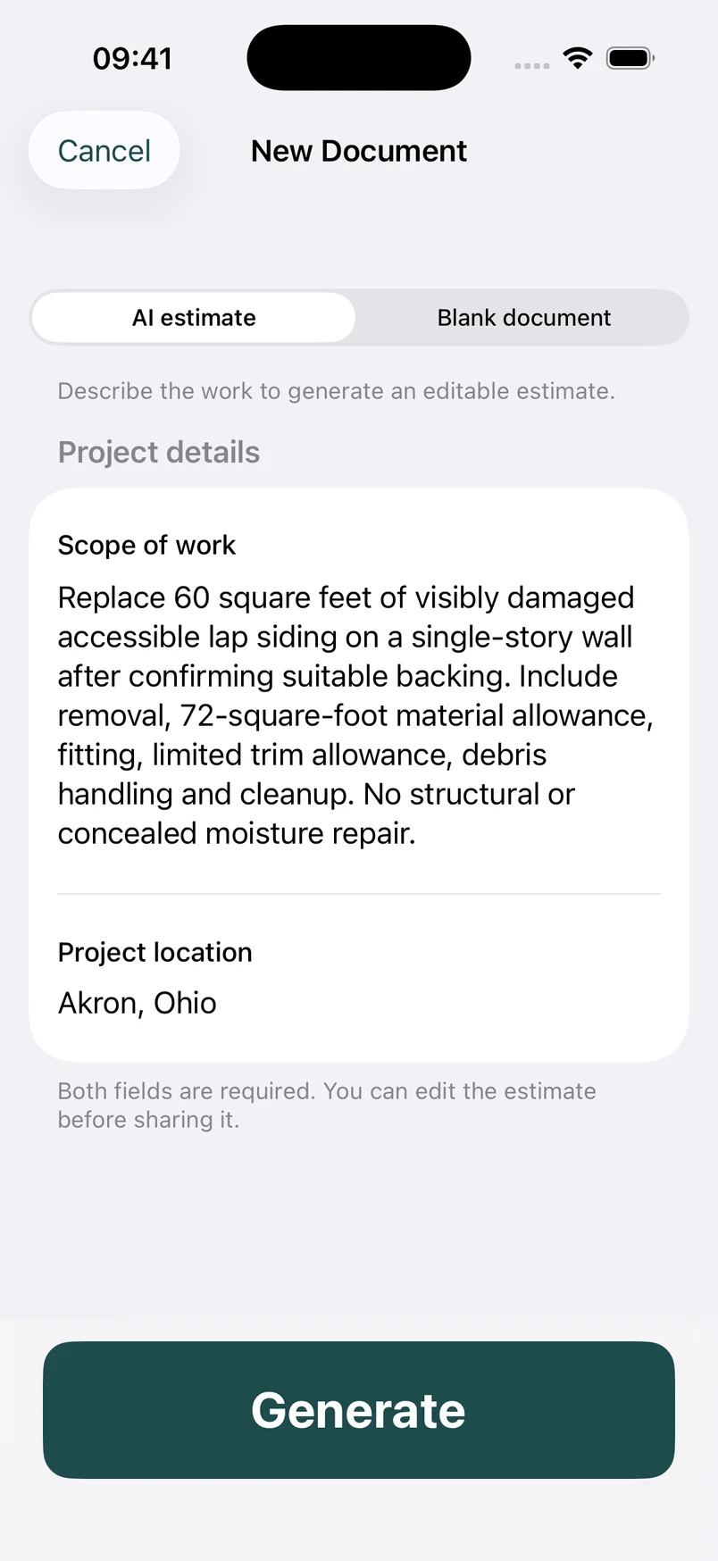 Exterior siding repair scope in the New Document screen