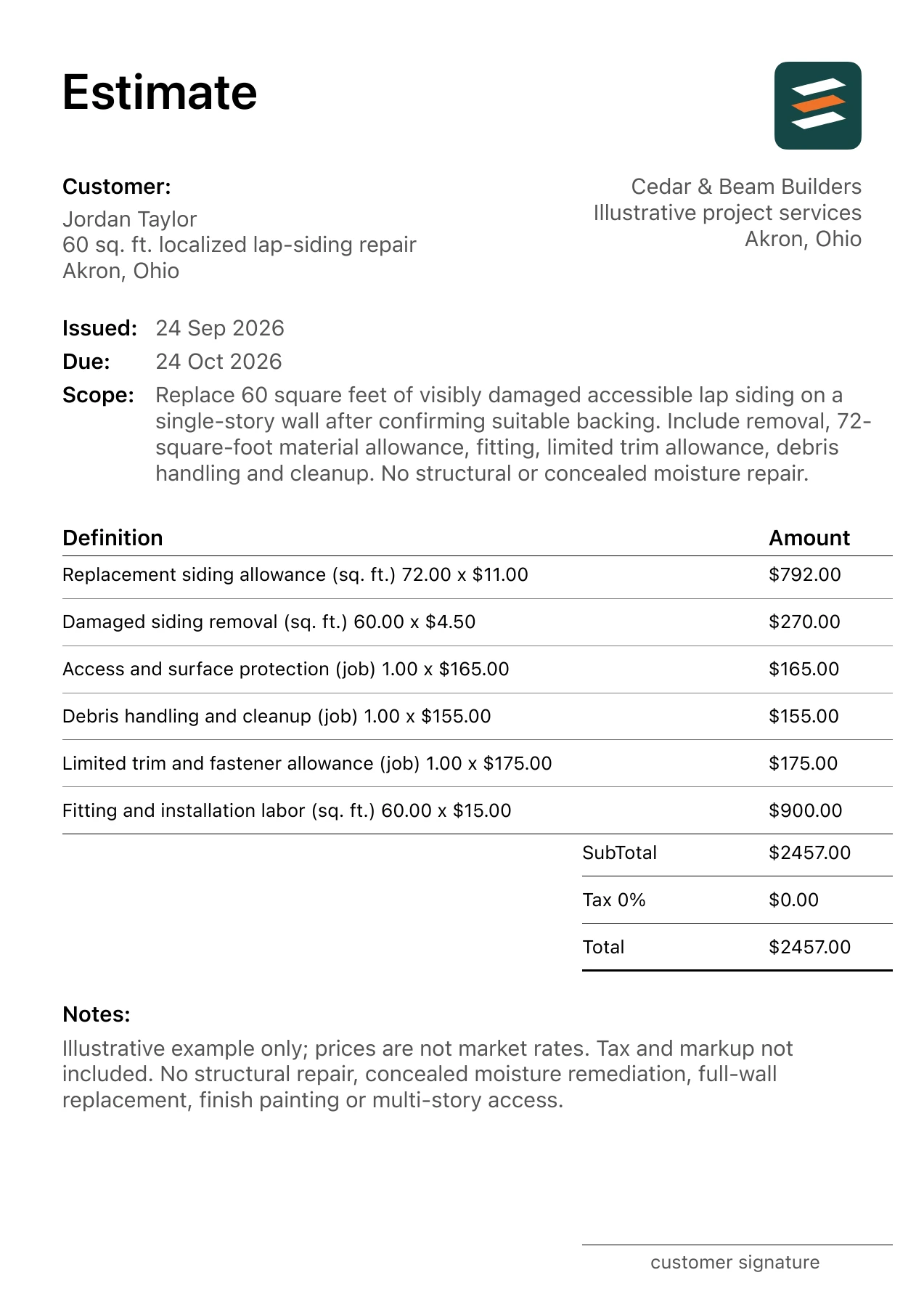 First page of the exterior siding repair estimate PDF