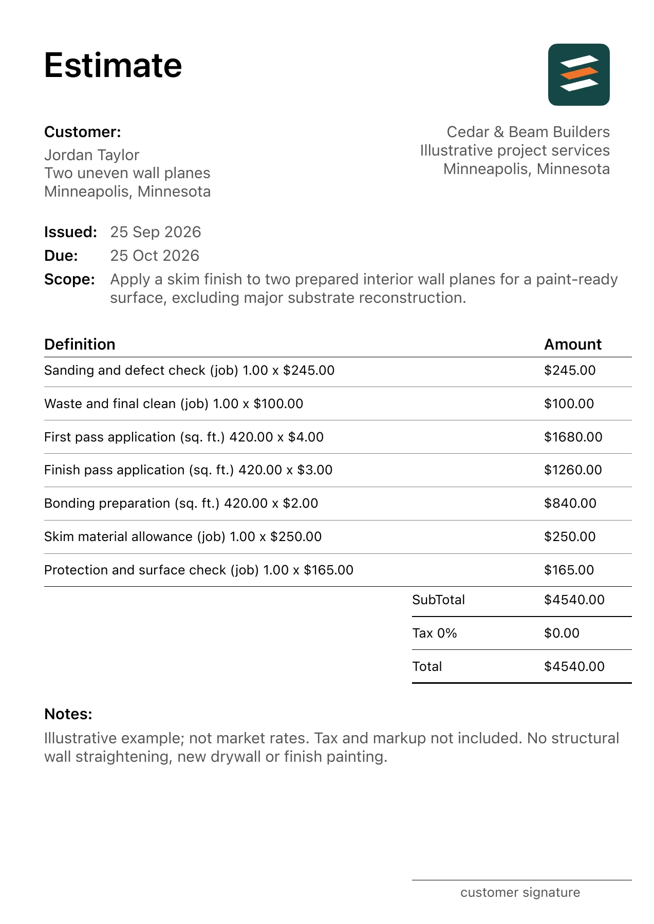 First page of the fictional interior skim coating estimate PDF