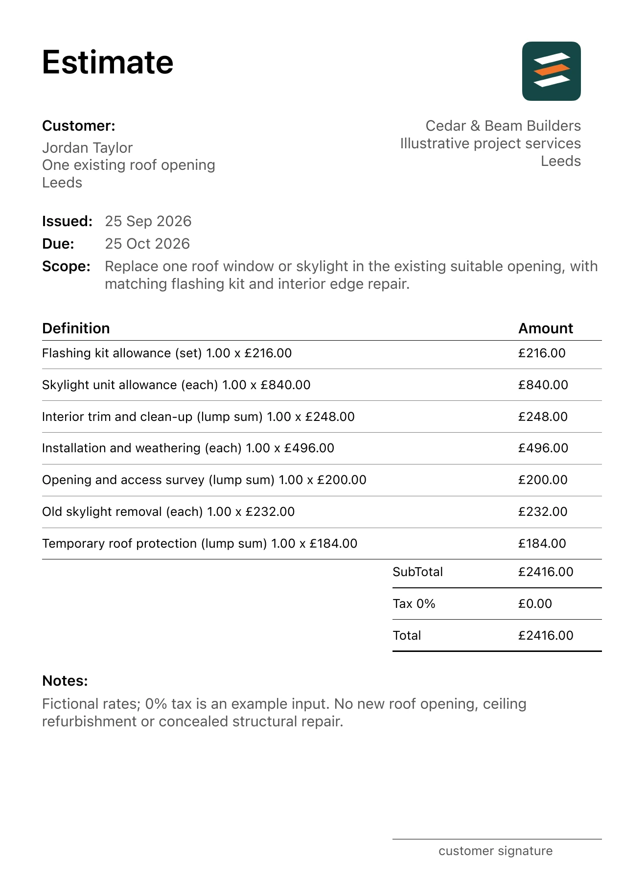 First page of the fictional roof window replacement estimate PDF