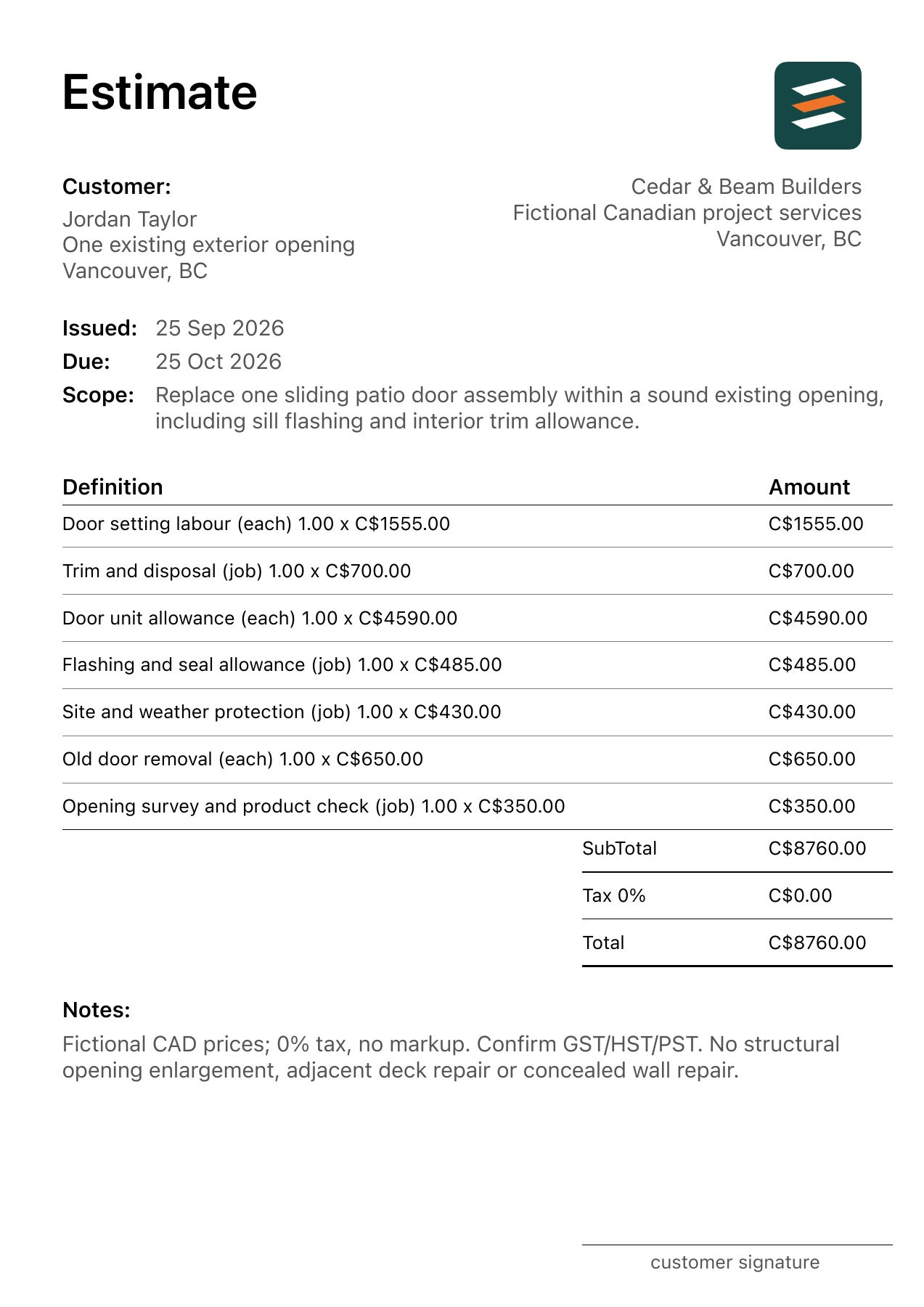 First page of the fictional Vancouver, British Columbia sliding patio door replacement PDF estimate