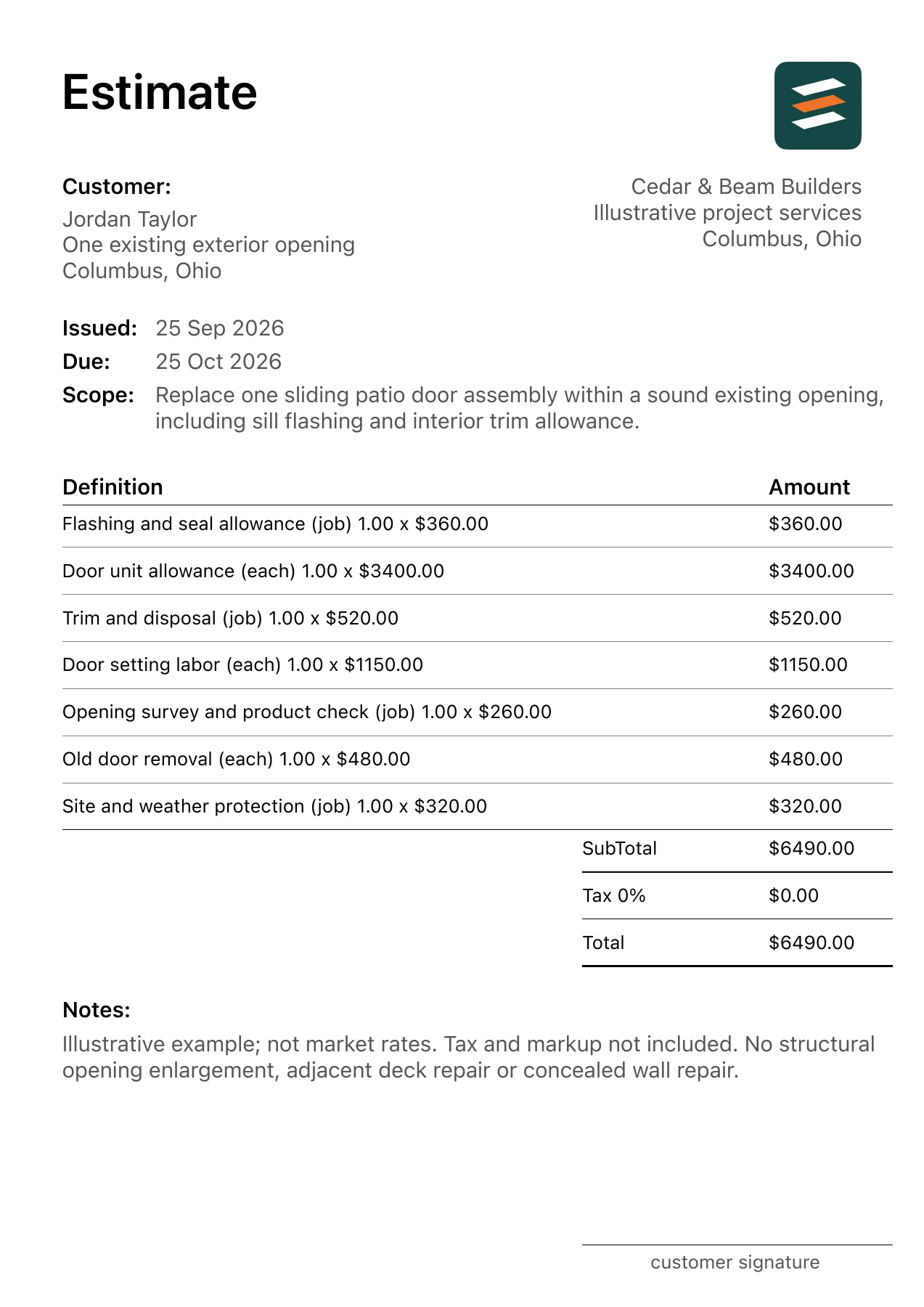 First page of the fictional sliding patio door replacement estimate PDF