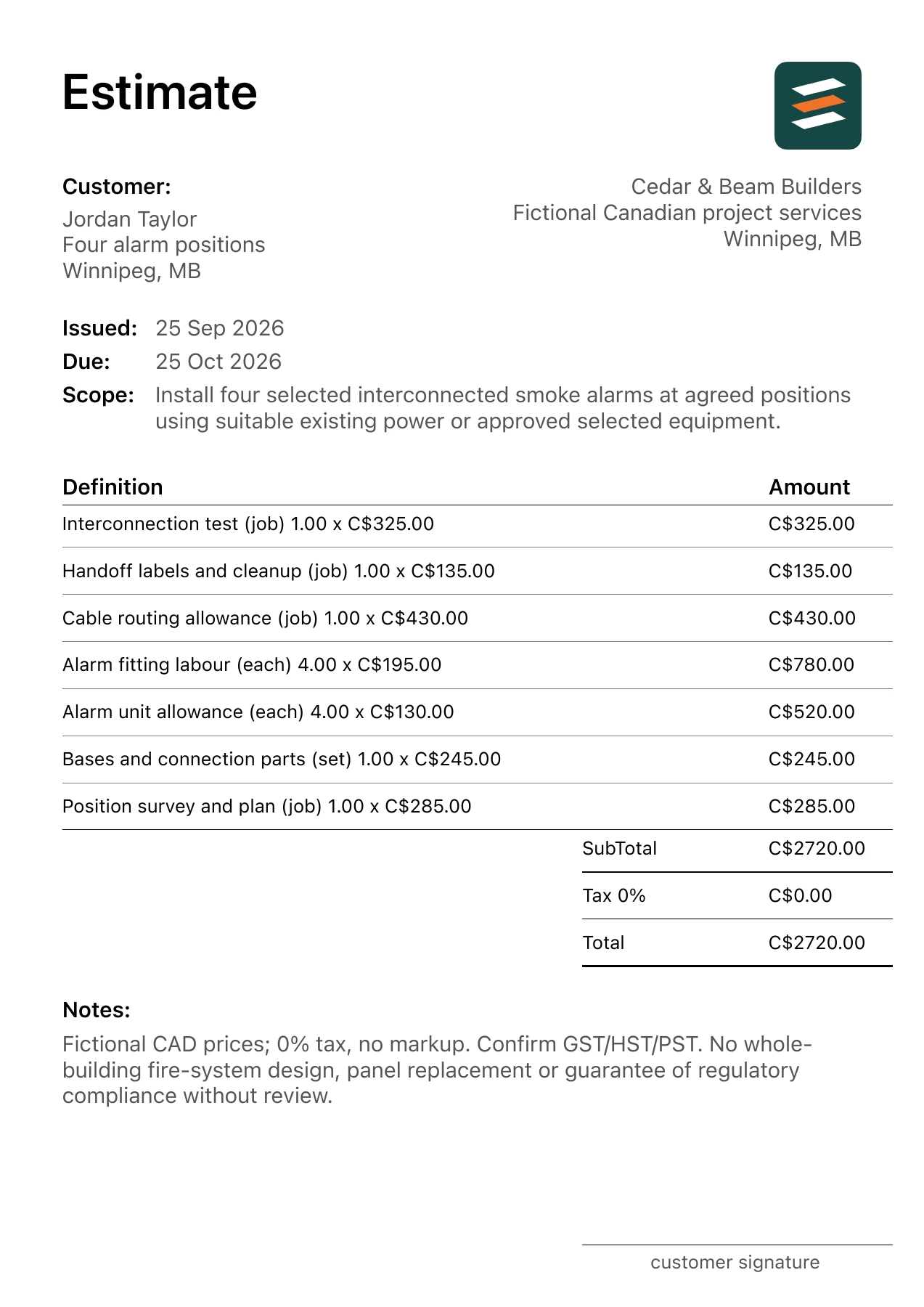 First page of the fictional Winnipeg, Manitoba interconnected smoke alarm installation PDF estimate
