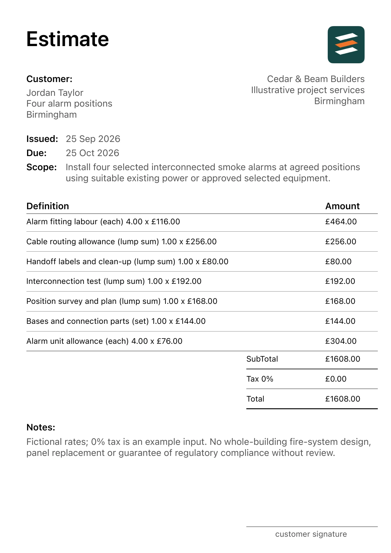 First page of the fictional interconnected smoke alarm installation estimate PDF