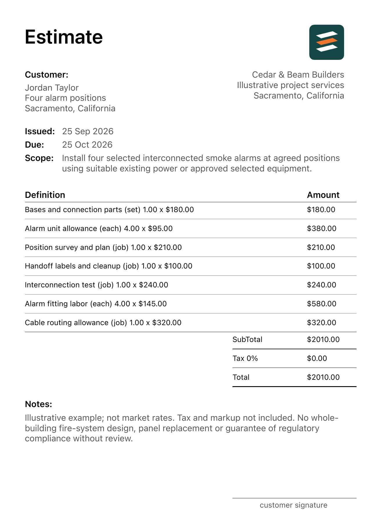 First page of the fictional interconnected smoke alarm installation estimate PDF