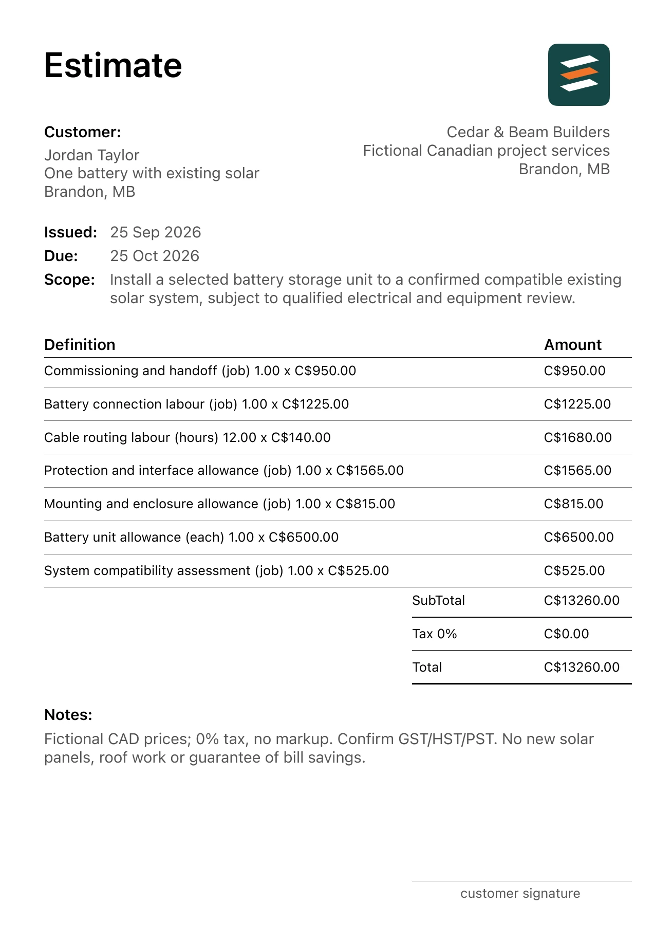 First page of the fictional Brandon, Manitoba home solar battery installation PDF estimate