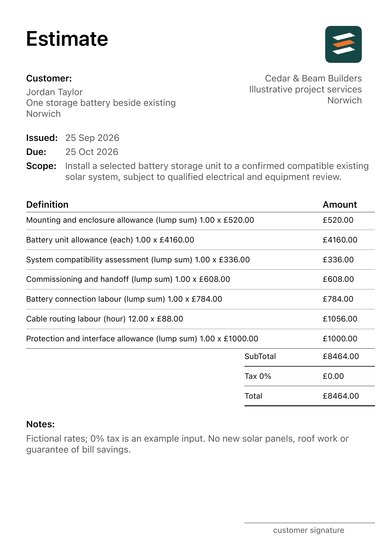 First page of the fictional home solar battery installation estimate PDF