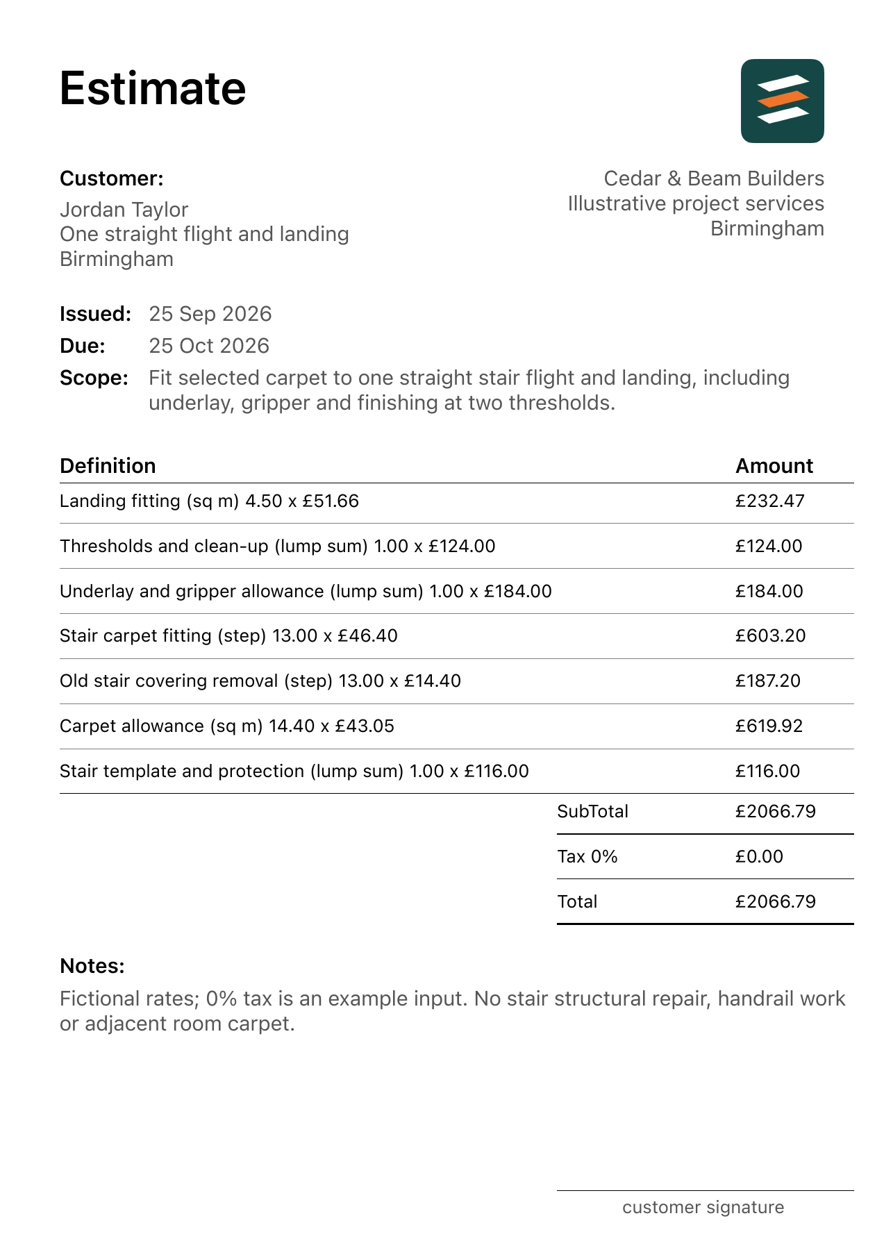 First page of the fictional stair carpet installation estimate PDF