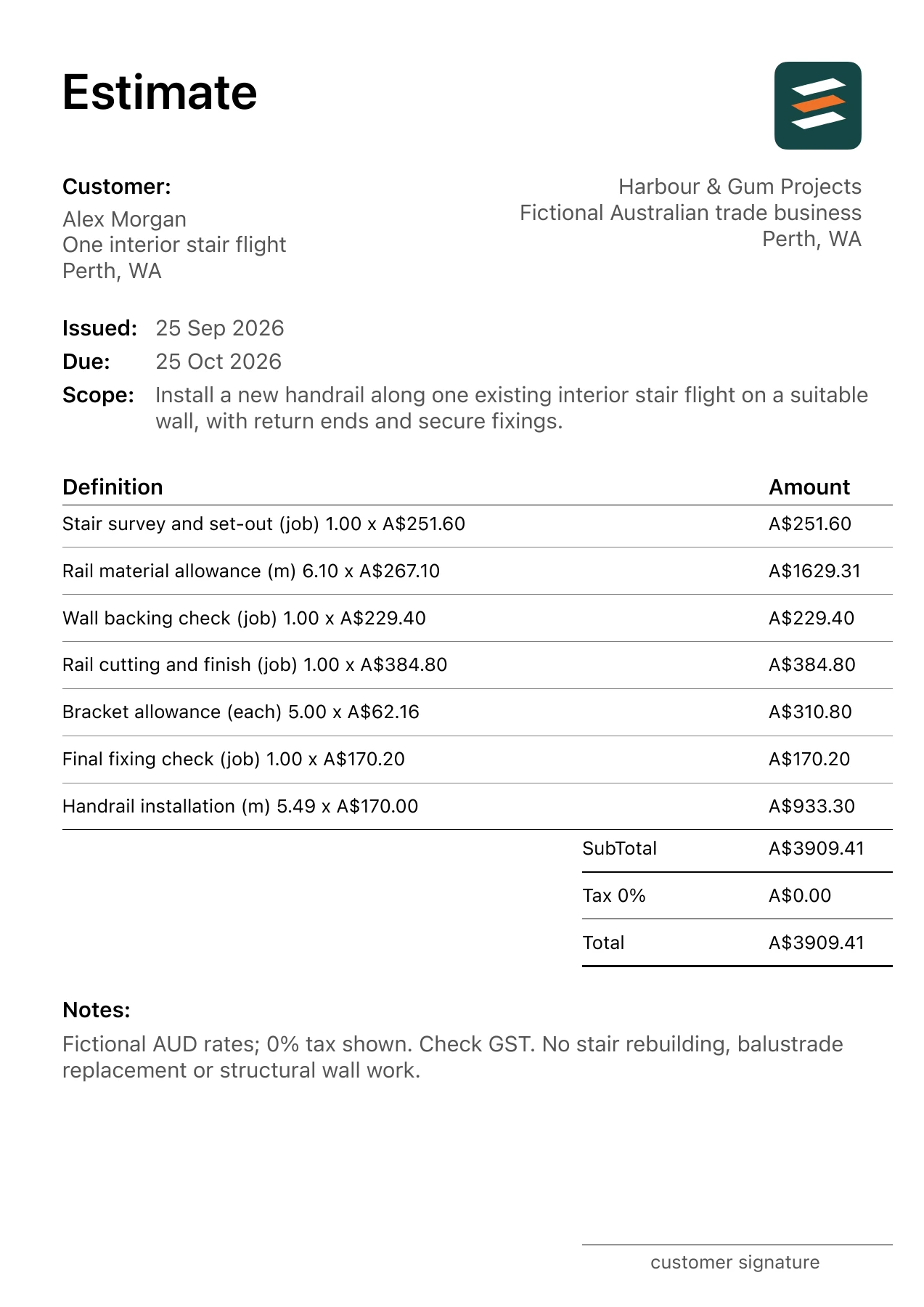 First page of the fictional Perth, Western Australia stair handrail installation estimate PDF