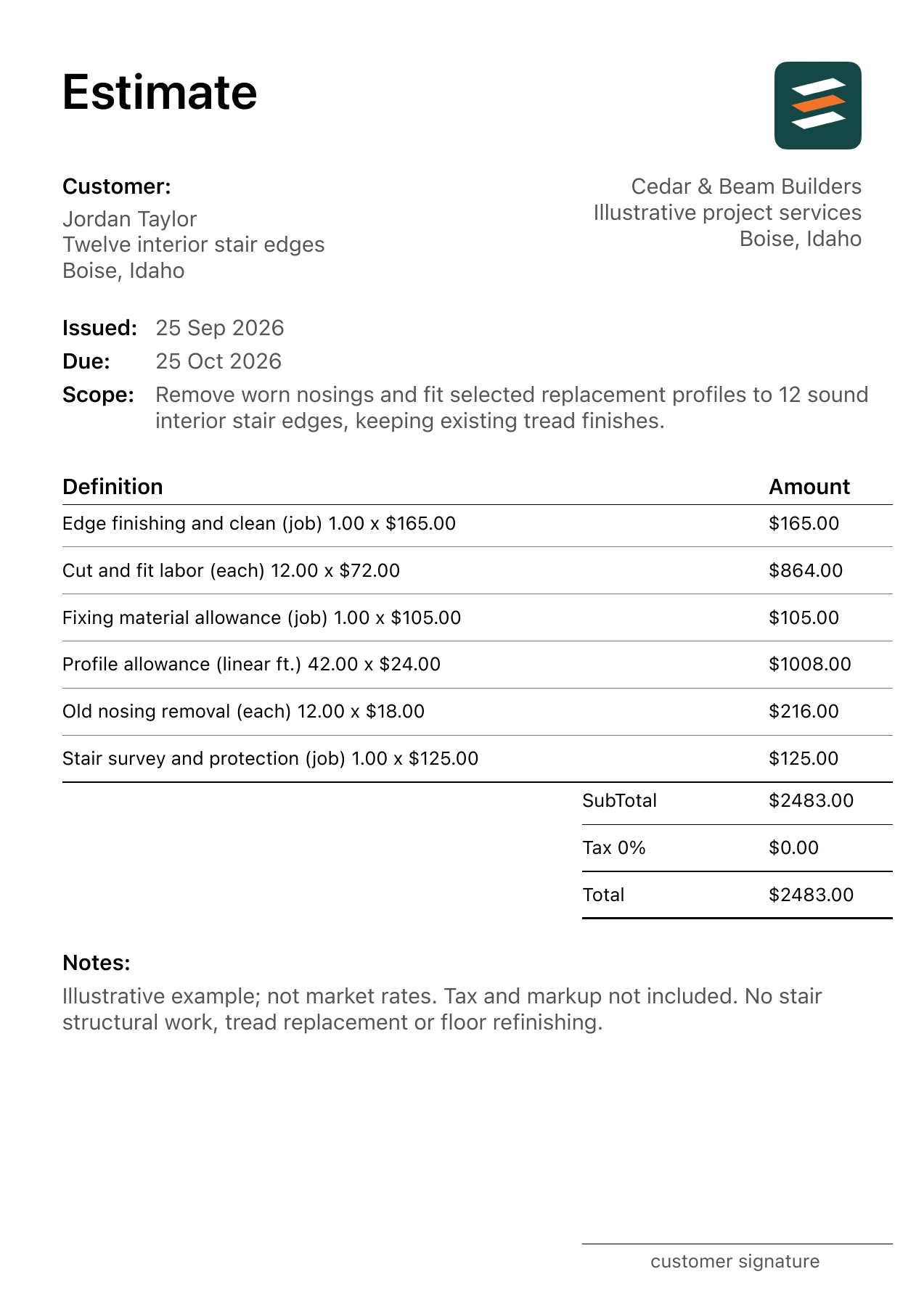 First page of the fictional stair nosing replacement estimate PDF