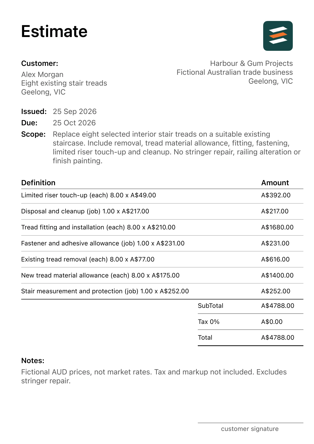 First page of the interior stair tread replacement estimate PDF