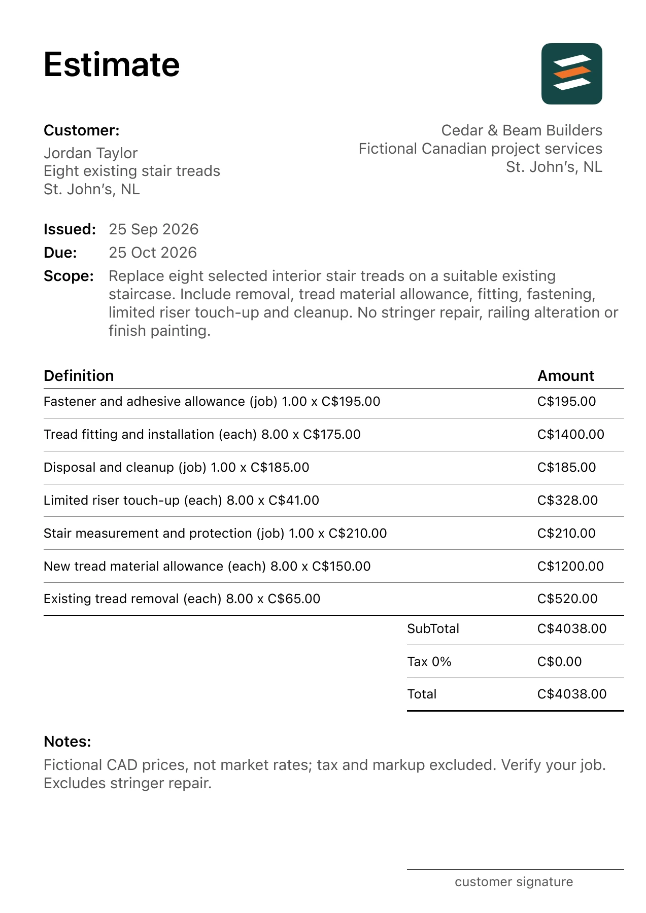 First page of the St. John’s, Newfoundland and Labrador interior stair tread replacement estimate in Canadian dollars