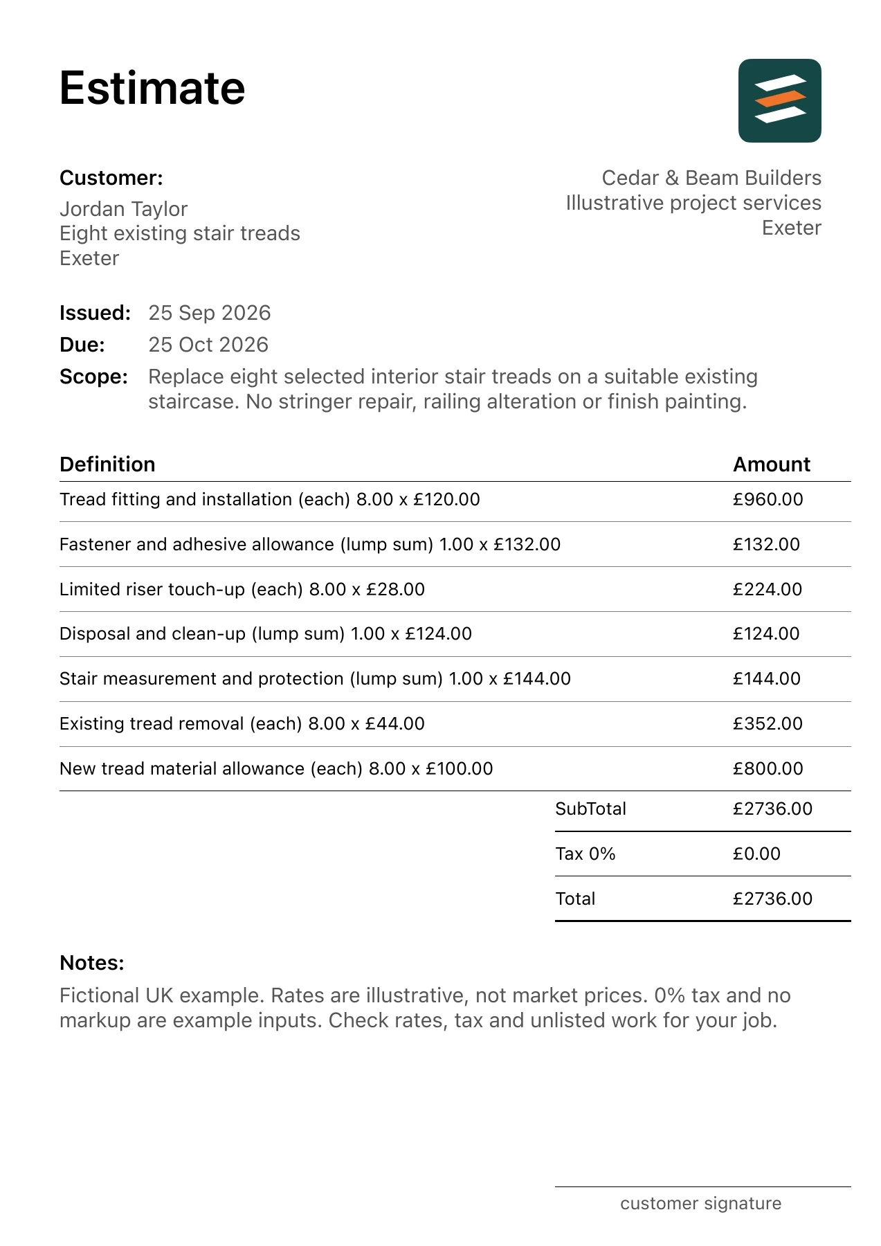 First page of the interior stair tread replacement estimate PDF for a fictional Exeter job