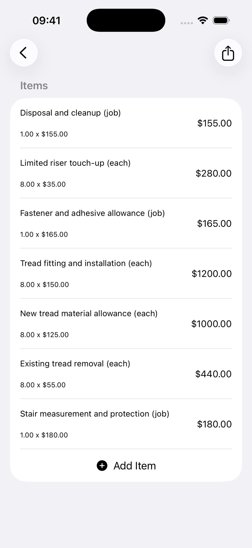 Interior stair tread replacement line items in the Estimates cost editor