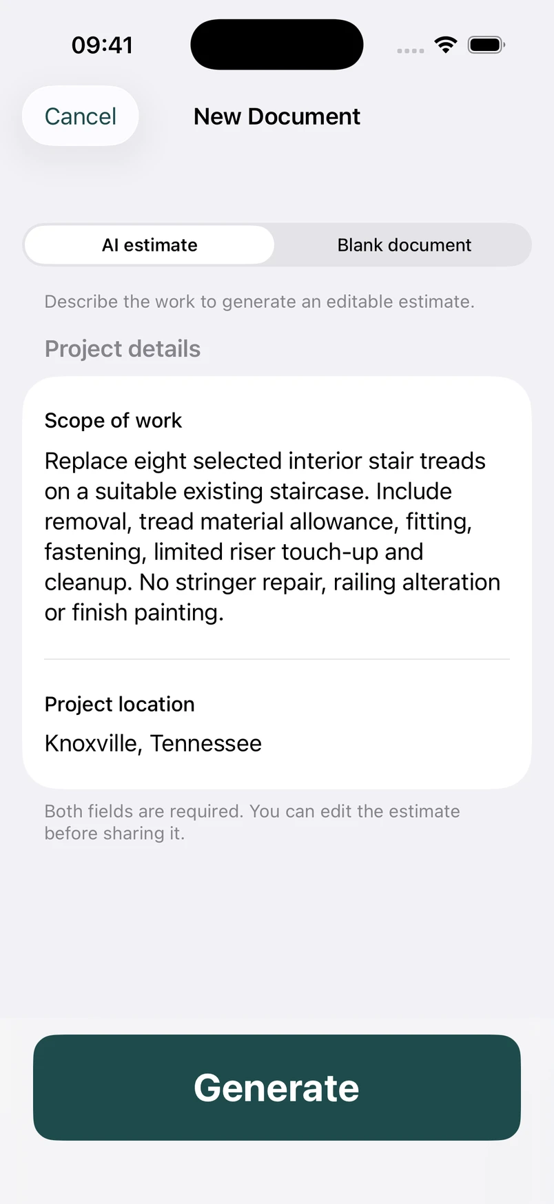Interior stair tread replacement scope in the New Document screen