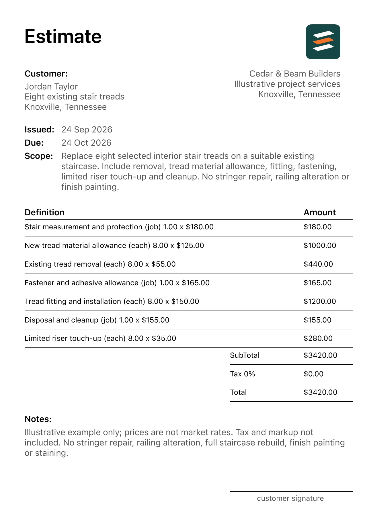 First page of the interior stair tread replacement estimate PDF