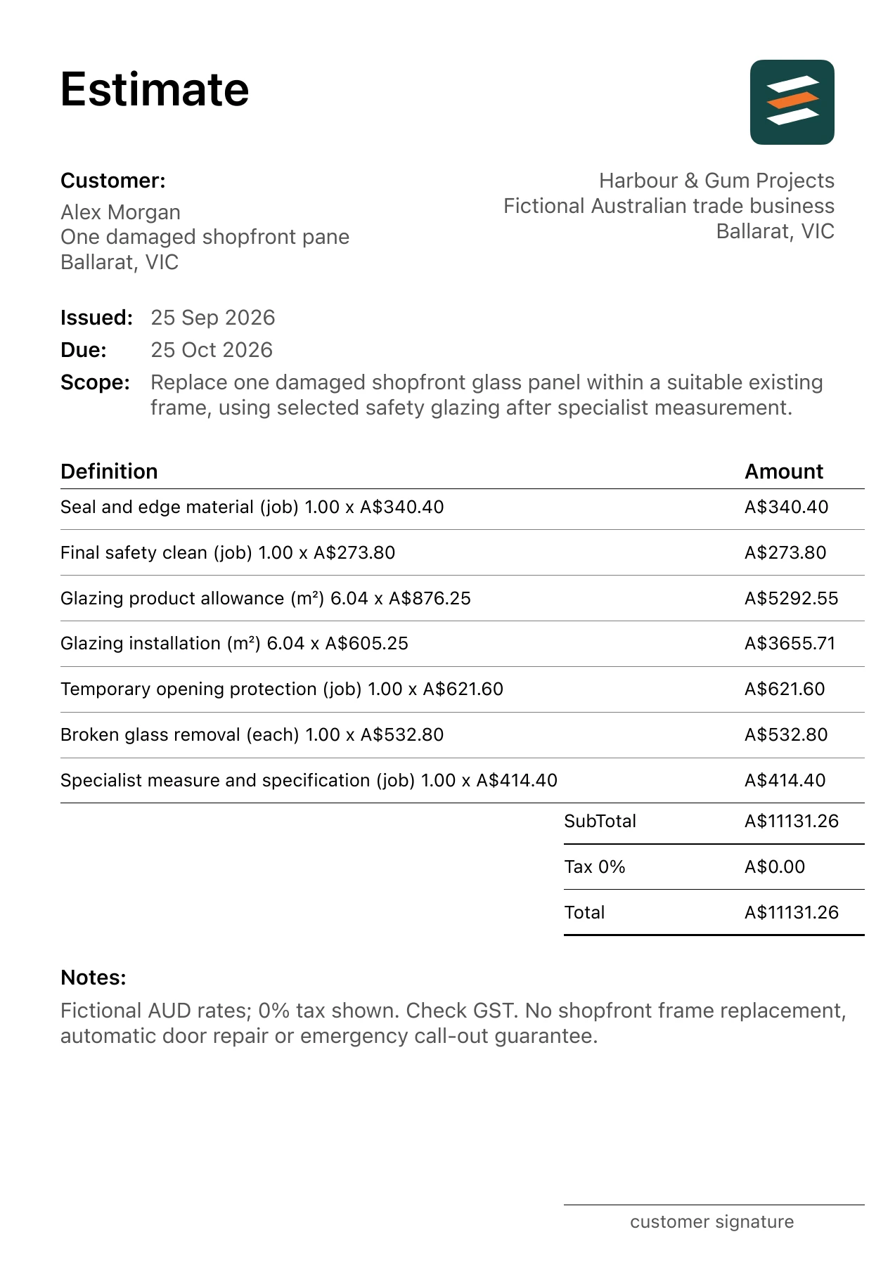 First page of the fictional Ballarat, Victoria shopfront glass panel replacement estimate PDF