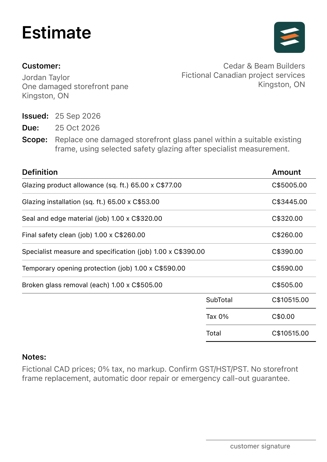 First page of the fictional Kingston, Ontario storefront glass panel replacement PDF estimate