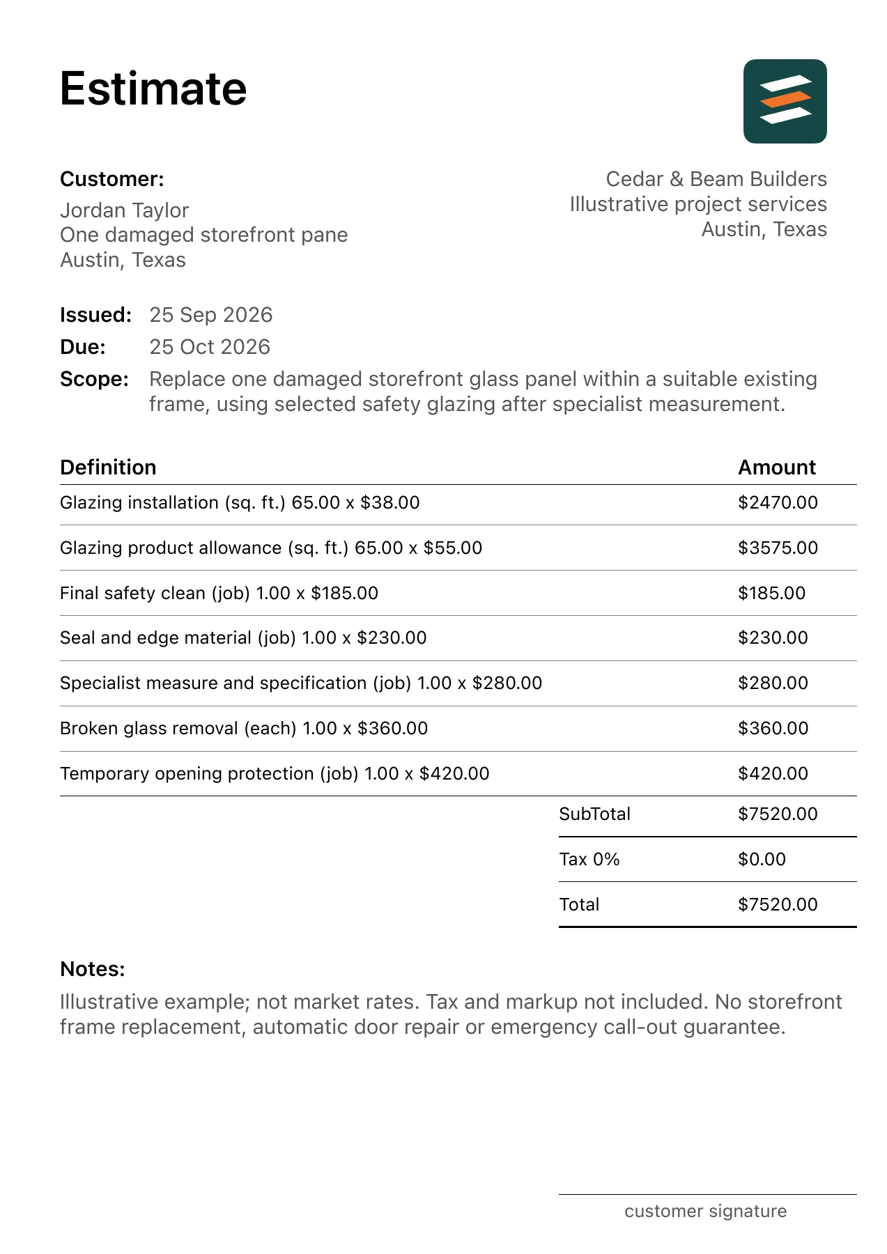 First page of the fictional storefront glass panel replacement estimate PDF