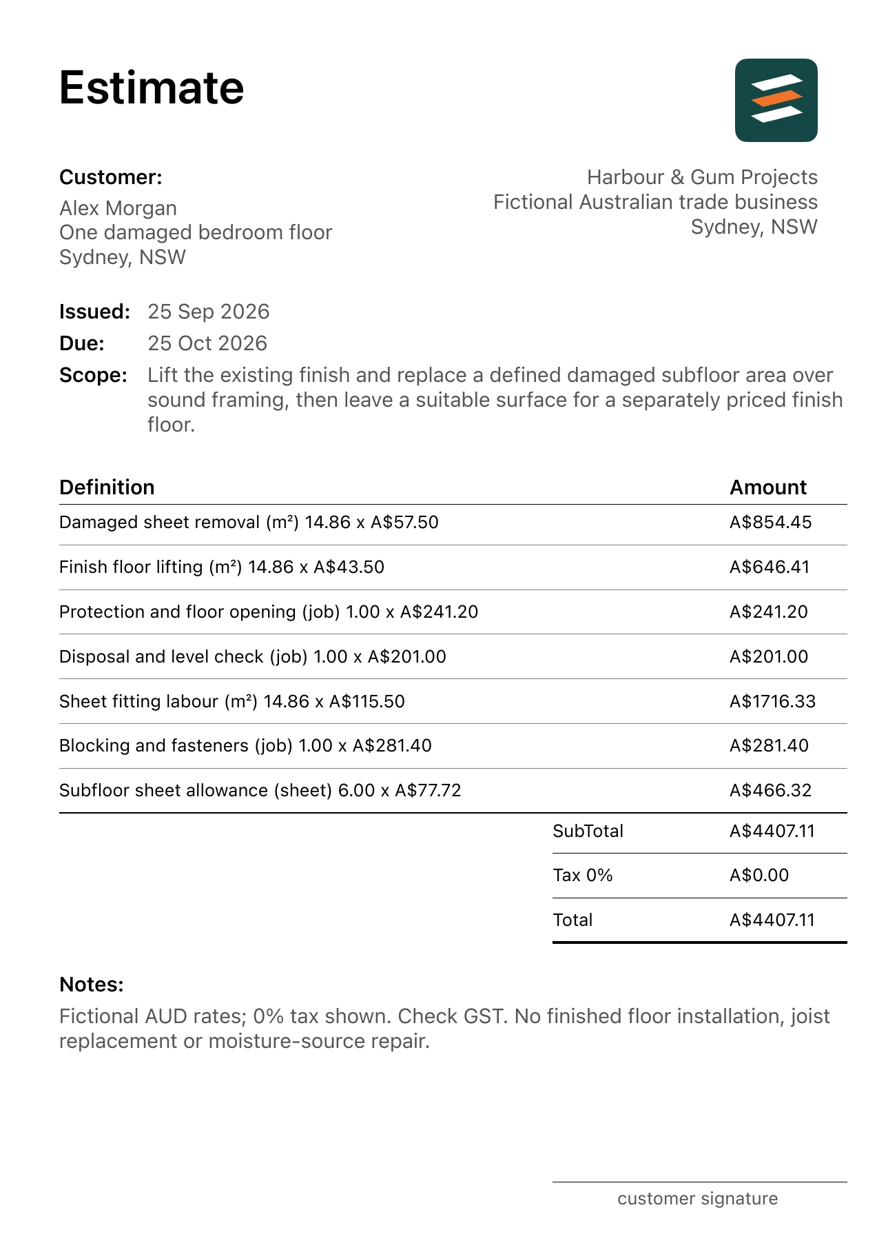 First page of the fictional Sydney, New South Wales timber subfloor replacement estimate PDF