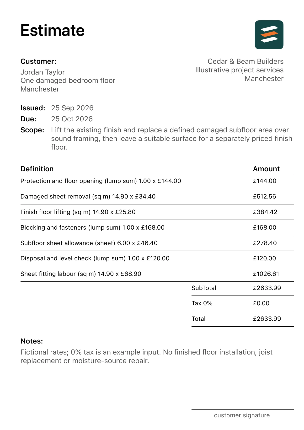 First page of the fictional timber subfloor replacement estimate PDF